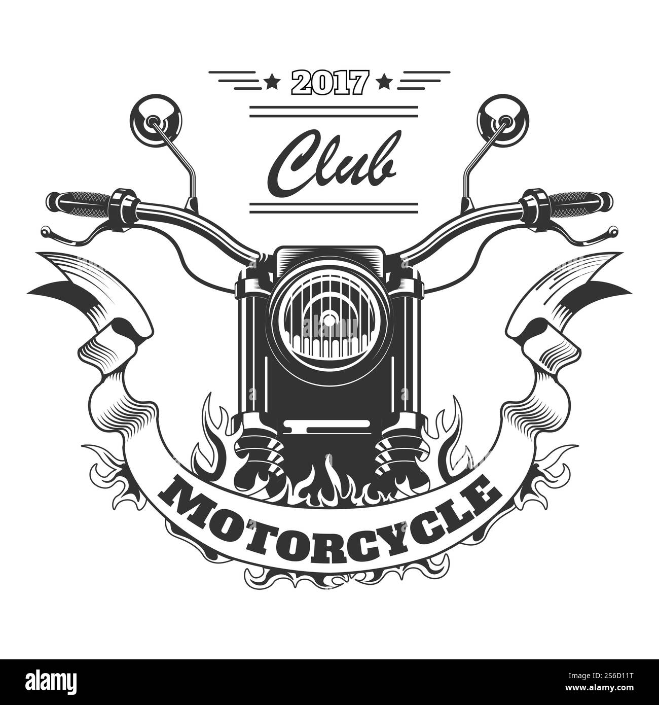 Club de course de moto, icône isolée de la communauté de motards ou vecteur de pinte de T-shirt. Moto et flamme, sport moto extrême, motard véhicule ou transport. Course et réparation de vélo, autoroute et tourisme. Icône de moto et de flamme isolée, imprimé T-shirt du club de moto Illustration de Vecteur