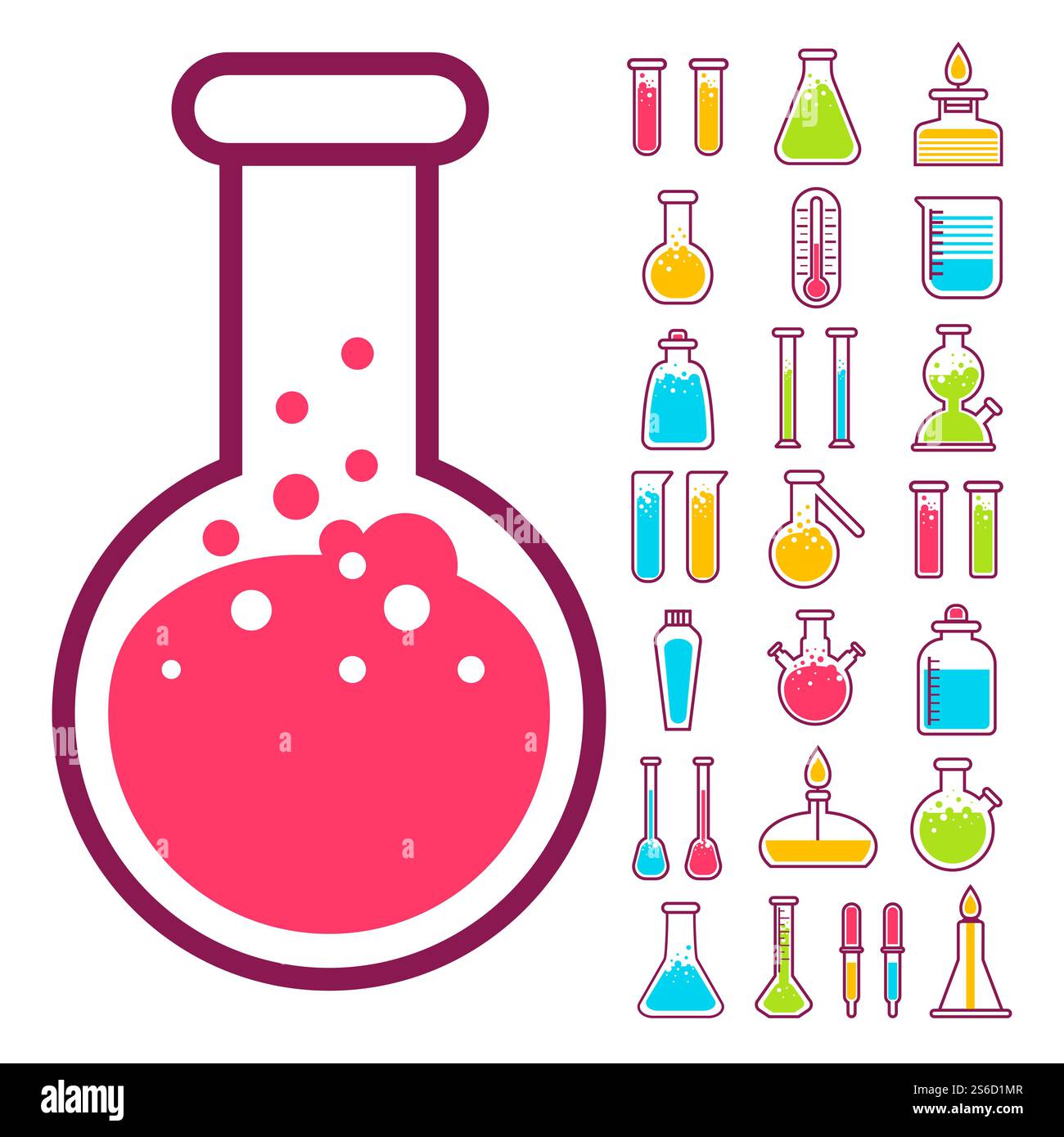 Équipement de laboratoire, fioles chimiques, science de la chimie, vecteur d'icônes isolées. Bécher, verrerie de laboratoire, articles en verre et liquides toxiques, réaction et recherche. Education et connaissances, pharmacologie. Fioles chimiques et béchers icônes isolées, équipement de laboratoire Illustration de Vecteur