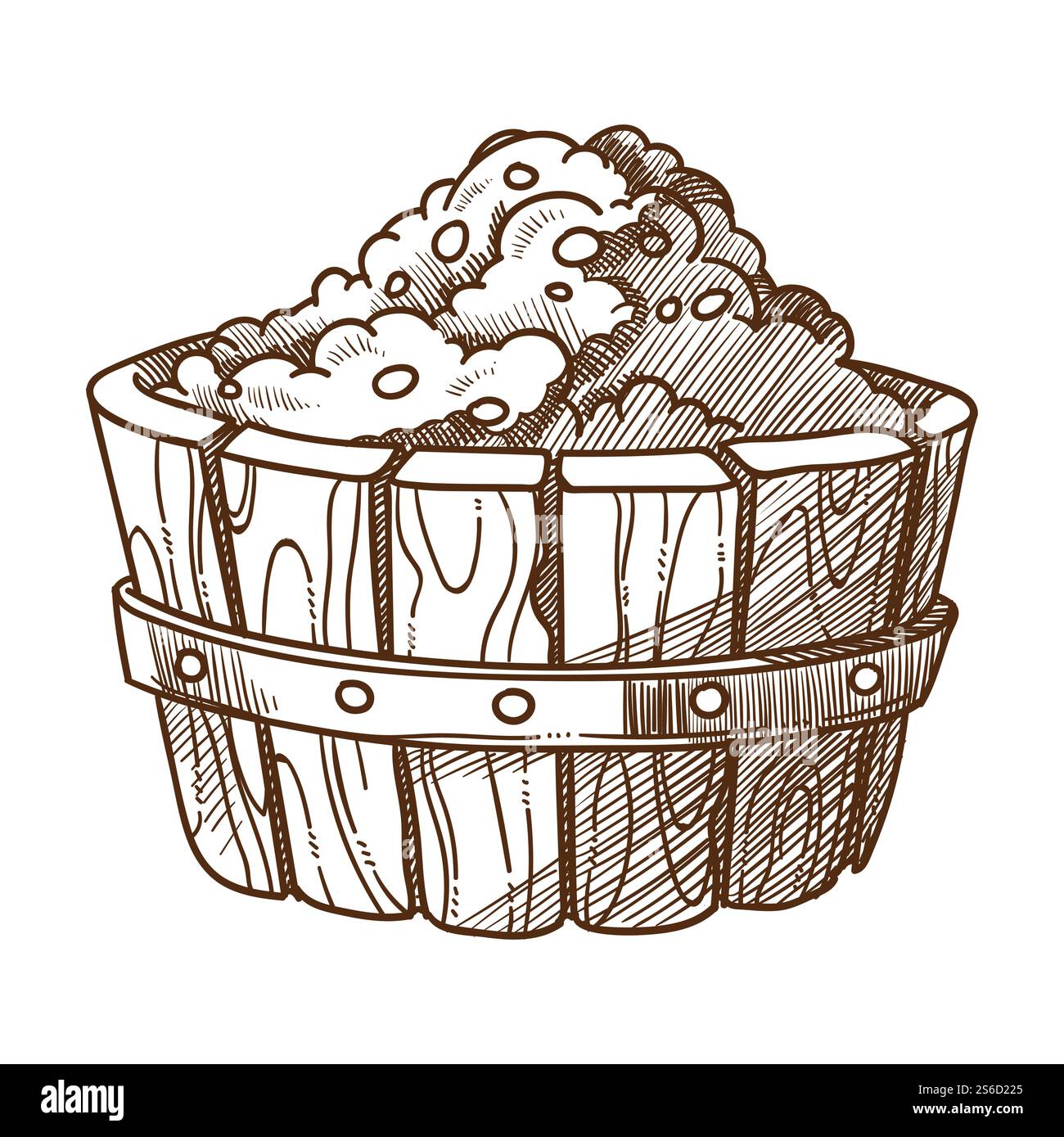 Vinification, vendange des raisins en panier ou bassin en bois, vecteur de croquis isolé. Agriculture agricole, culture de baies mûres, ingrédient de production de vin. Agriculture et viticulture, boisson alcoolisée maison. Raisins en bassin en bois ou panier esquisse isolée, vinification Illustration de Vecteur