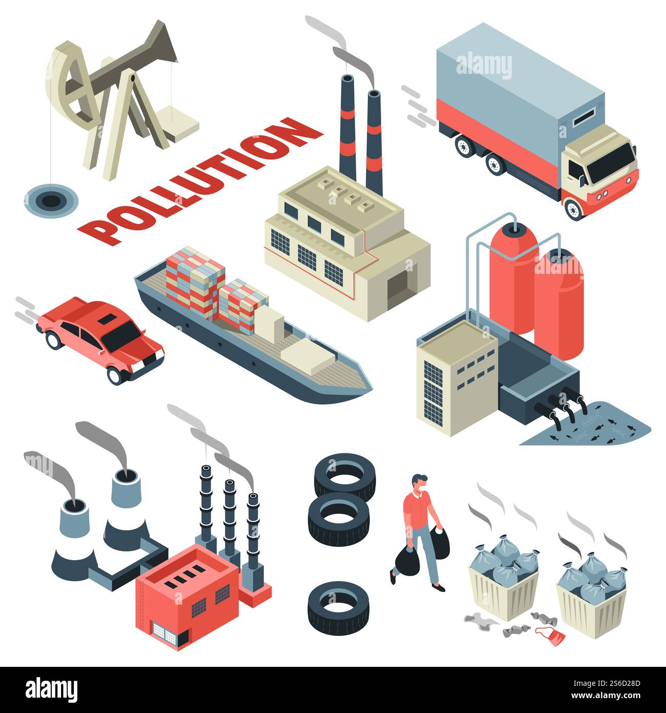 Vecteur d'icônes isolées de transport et d'usine ou de pollution de l'eau, des ordures et de la fumée. Navire de fret et usines, voiture ou camion et pompe à huile. Litière et pneus, déchets industriels, écologie et environnement. Pollution de l'air et de l'eau, plantes et transports, déchets et fumée, icônes isolées Illustration de Vecteur