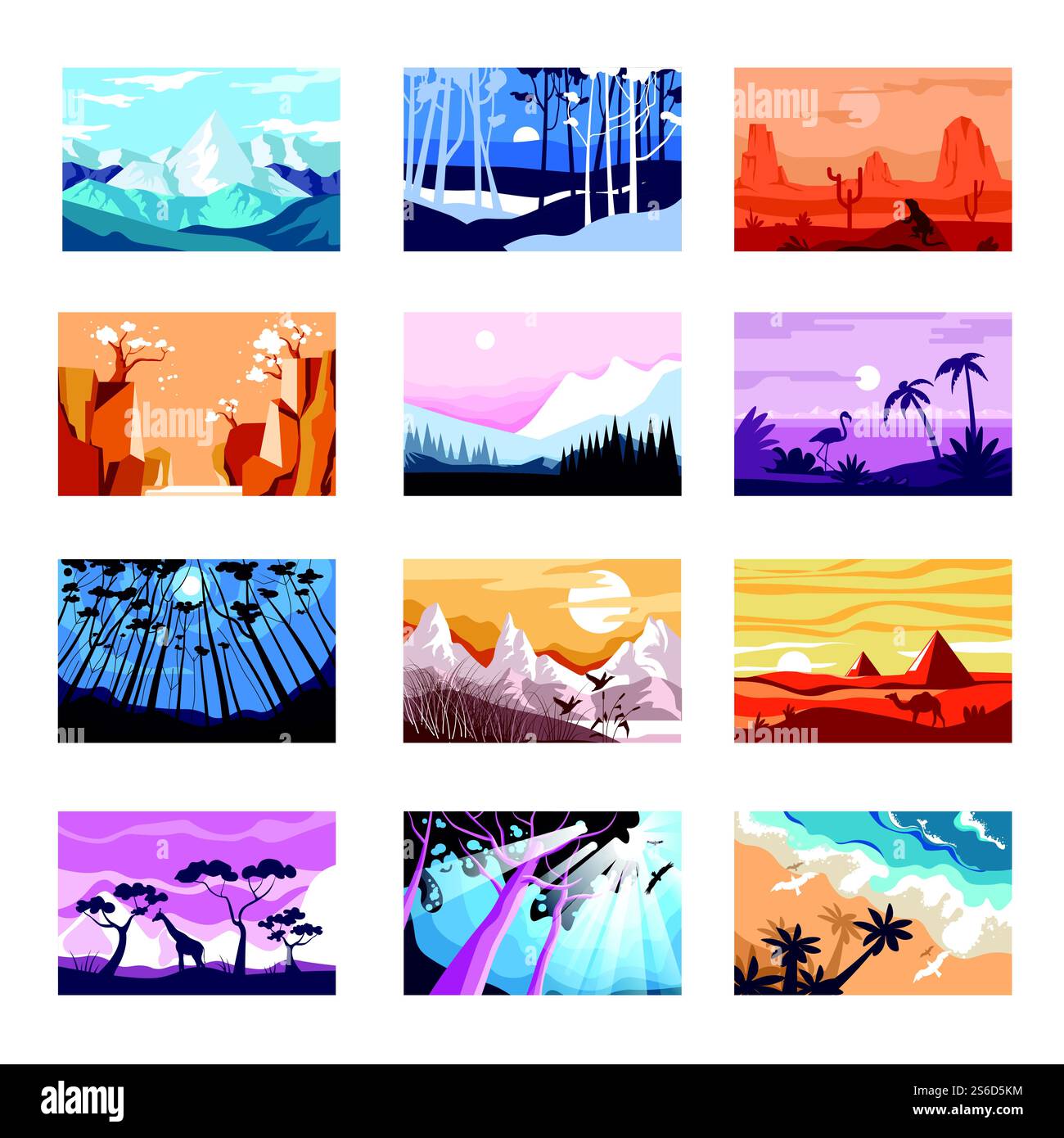 Paysages icônes isolées, montagnes et plage, coucher de soleil et vecteur de nuit. Désert et forêt, savane africaine et fleur de sakura chinois. Montagnes et bois, côte et vallée, silhouettes animales. Nature paysages icônes isolées, montagnes et plage, coucher de soleil et nuit Illustration de Vecteur