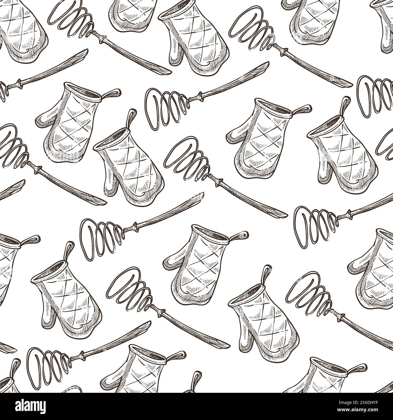 Gant de protection pour la cuisson et fouet sans couture. Ustensiles de cuisine et vêtements, porte-potholder protégeant contre les brûlures. Ustensiles et ustensiles de cuisine. Contour d'esquisse monochrome, vecteur dans le style plat. Fouet et gant de cuisson, moufles textiles sans couture Illustration de Vecteur