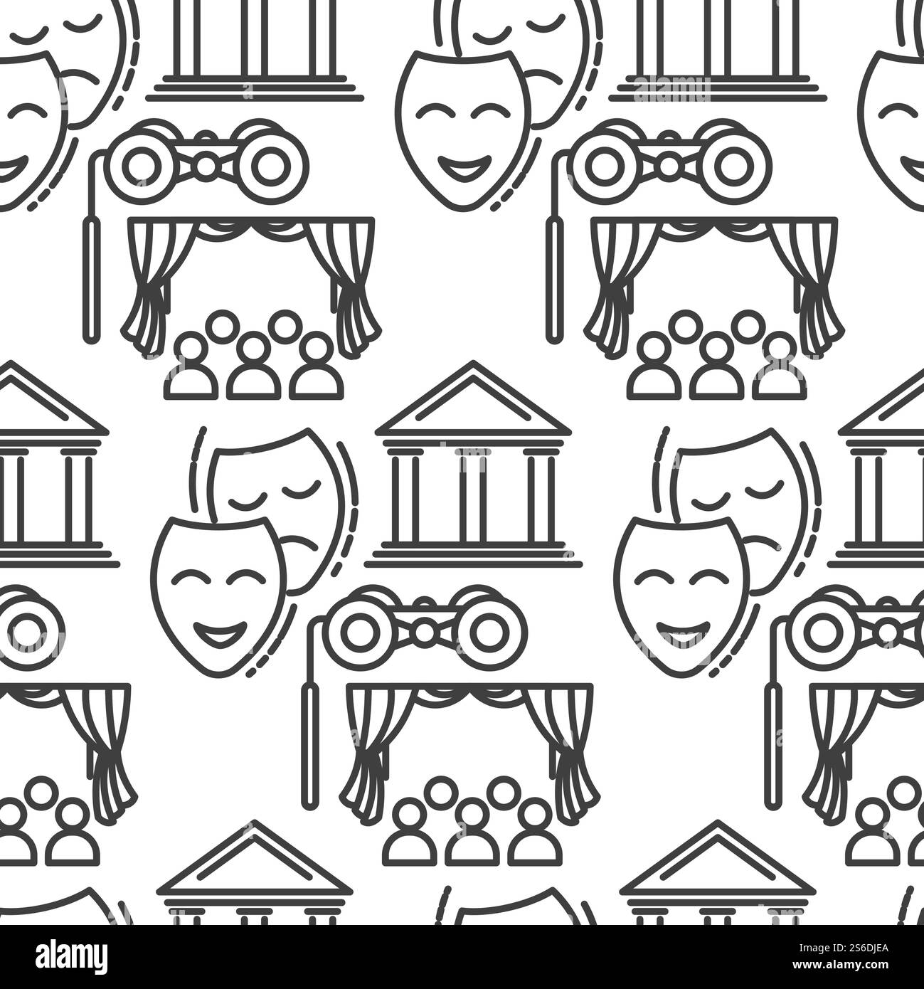 Motif sans couture opéra ou théâtre. Performance d'artistes sur scène et public, drame incolore et masques de comédie. Lunettes pour zoomer et rideaux, déguisements théâtraux vecteur dans un style plat. Théâtre drame et masque de comédie, modèle sans couture du public Illustration de Vecteur