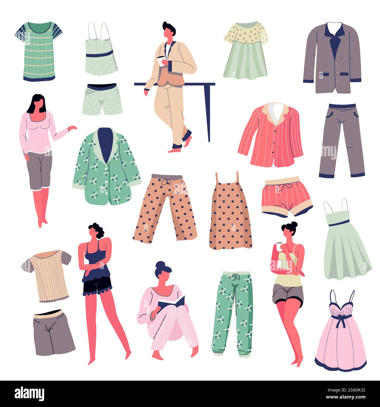 Vêtements de nuit pour hommes ou femmes, vêtements de nuit pour hommes et femmes, collection à la mode. Vêtements élégants pour dormir. Ensemble pyjama, personnes portant des vêtements et buvant du café. Vecteur dans le style plat. Collection de pyjamas pour homme et femme, ensemble de vêtements de nuit Illustration de Vecteur