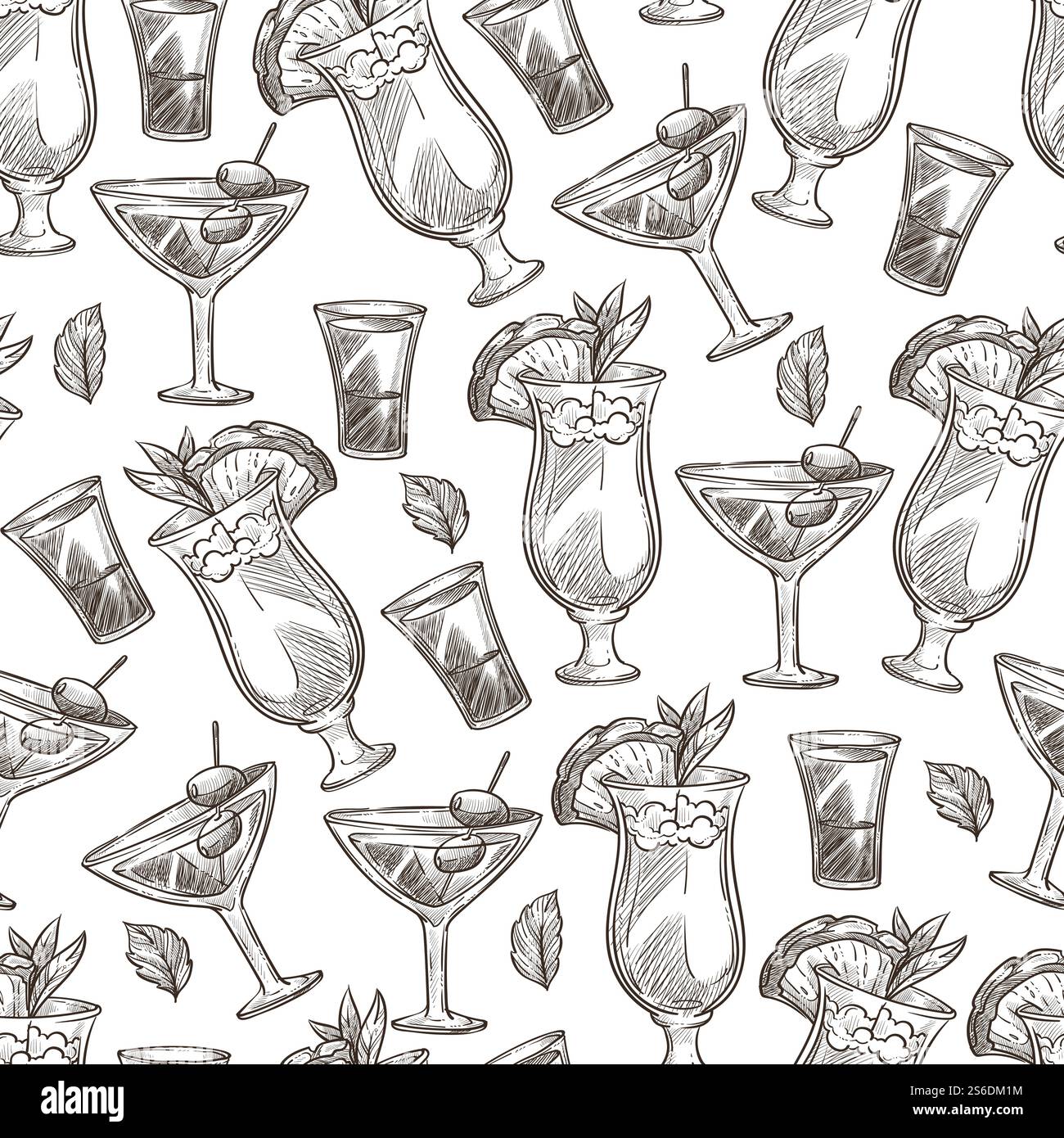 Cocktails servis avec des pailles, des tranches de fruits et des olives sans couture. Boissons alcoolisées dans les bars, pubs ou restaurants. Boissons rafraîchissantes et décoration. Contour d'esquisse monochrome, vecteur à plat. Cocktails alcoolisés servis dans des verres avec des pailles sans couture Illustration de Vecteur
