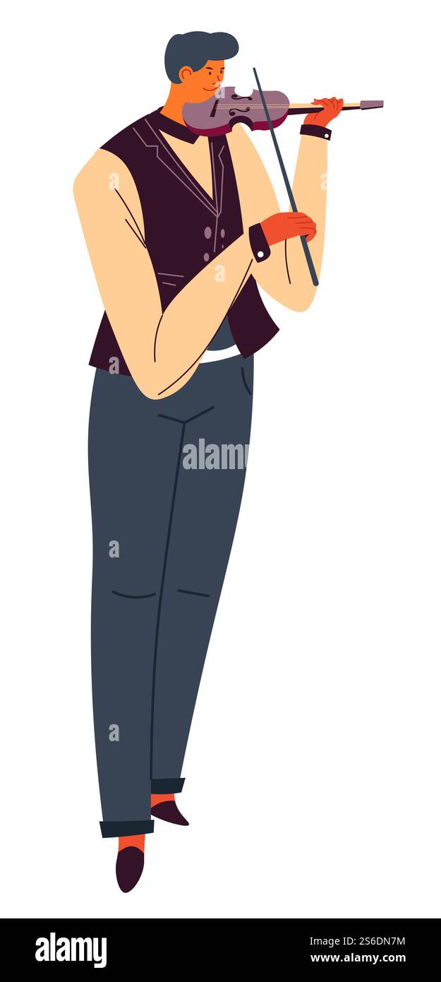 Concert de musique classique, personnage masculin isolé jouant du violon. Violoniste avec instrument à cordes donnant concert ou masterclass. Symphonie et mélodies composant. Professeur de musique. Vecteur dans le style plat. Violoniste jouant de l'instrument à cordes, musicien de violon en concert Illustration de Vecteur
