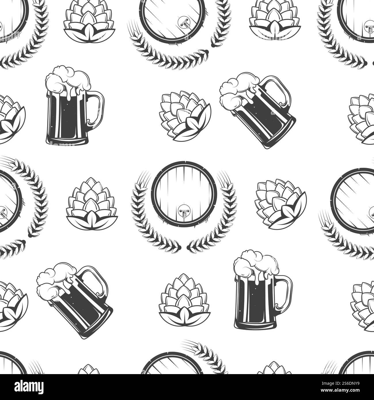 Barils avec boisson alcoolisée fermentante et verres avec motif sans soudure de bière. Boissons monochromes au blé et au houblon, artisanat et recette de brasserie maison. Vecteur de menu pub ou bar dans un style plat. Bière versée dans le verre, le houblon et le modèle sans couture de baril Illustration de Vecteur