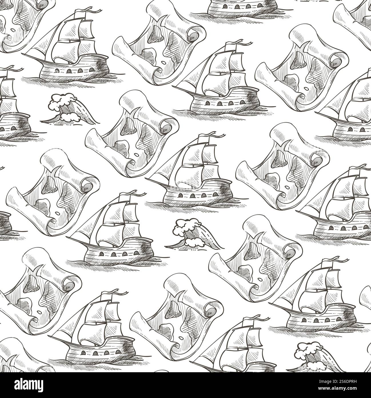 Explorations anciennes, voyages et découvertes sans couture. Bateau avec voiles, carte sur papier parchemin, destination des marins. Histoire ancienne. Contour d'esquisse monochrome, vecteur dans le style plat. Navire vintage et carte sur papier parchemin modèle sans couture Illustration de Vecteur