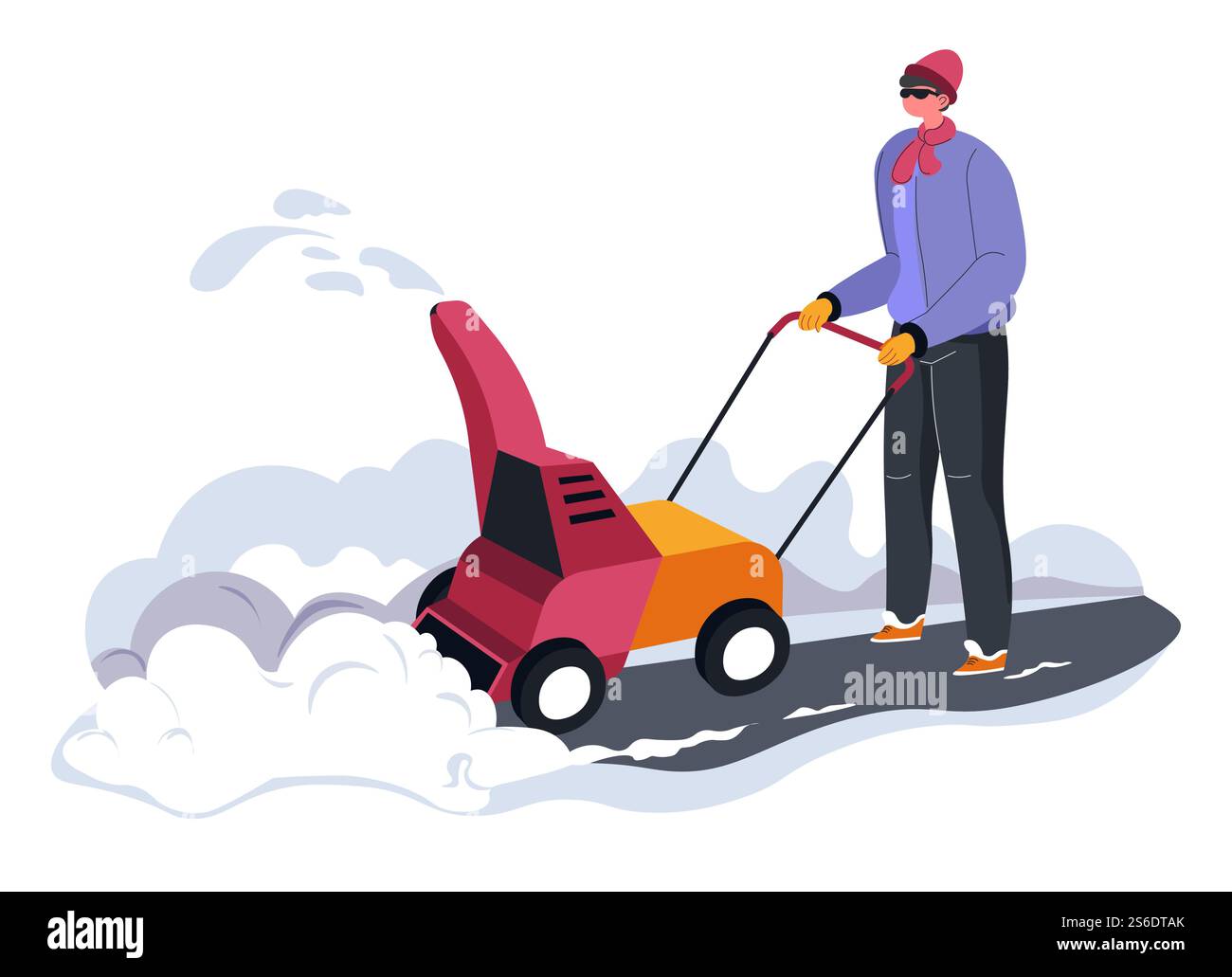 Personnage masculin utilisant une souffleuse à neige ou une machine spéciale pour enlever les masses de neige des rues et des routes. Personnage avec outil pour nettoyer les trottoirs. Équipement pour la saison hivernale. Vecteur dans le style plat. Personne nettoyant la neige à l'extérieur avec l'aide de la machine Illustration de Vecteur