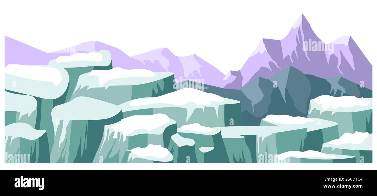 Paysage panoramique en hiver, paysage hivernal avec des rochers et des montagnes. Falaises et relief rigide des environs, zone sauvage abandonnée sans peuple. Vecteur de vue naturel tranquille dans un style plat. Paysage avec des pics enneigés et vecteur de chaînes de montagnes Illustration de Vecteur