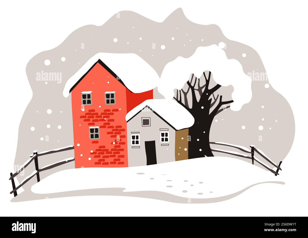 Bâtiments et arbres couverts de neige, neige et paysage de temps froid. Paysage urbain avec maisons, chalet ou campagne. Blizzard extérieur et flocons de neige tombant, vecteur dans l'illustration de style plat. Maisons et arbres couverts de neige, paysage d'hiver Illustration de Vecteur