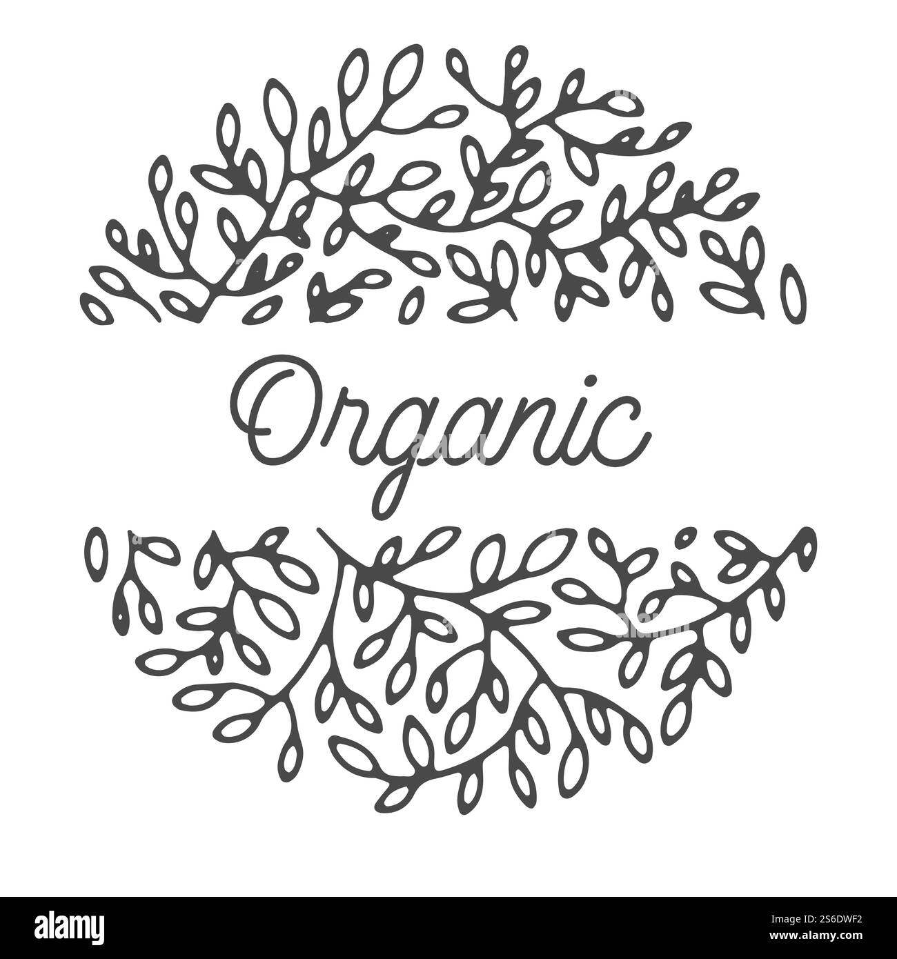 Étiquette décorative avec branches florales et texte de calligraphie, cercle isolé avec inscription. Blossom et problèmes environnementaux, design de marque minimaliste. Éco flore luxuriante, vecteur dans le style plat. Étiquette biologique avec inscription et branches florales Illustration de Vecteur