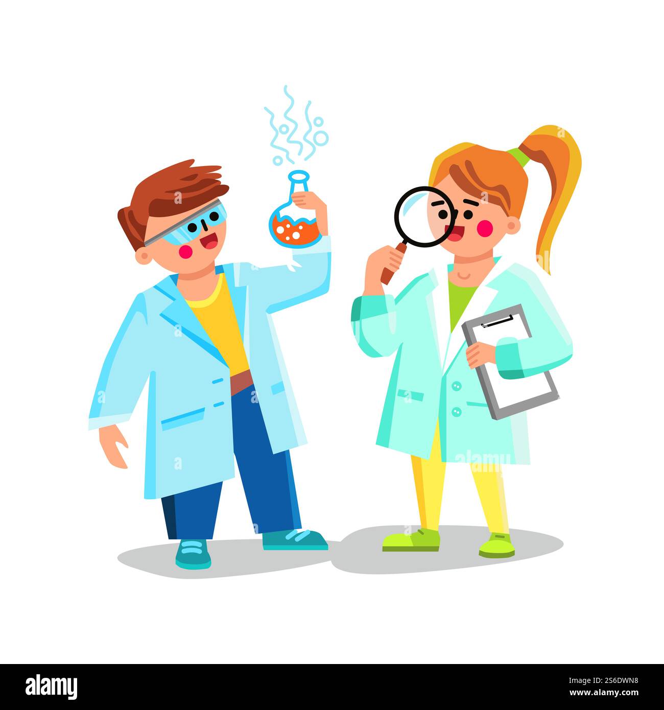 Kid Scientists faisant Chemical Experiment Vector. Scientifique pour enfants recherchant et analysant des tests chimiques avec des équipements de laboratoire. Personnages Garçon et fille Flat illustration de dessin animé. Kid Scientists faisant Chemical Experiment Vector Illustration de Vecteur