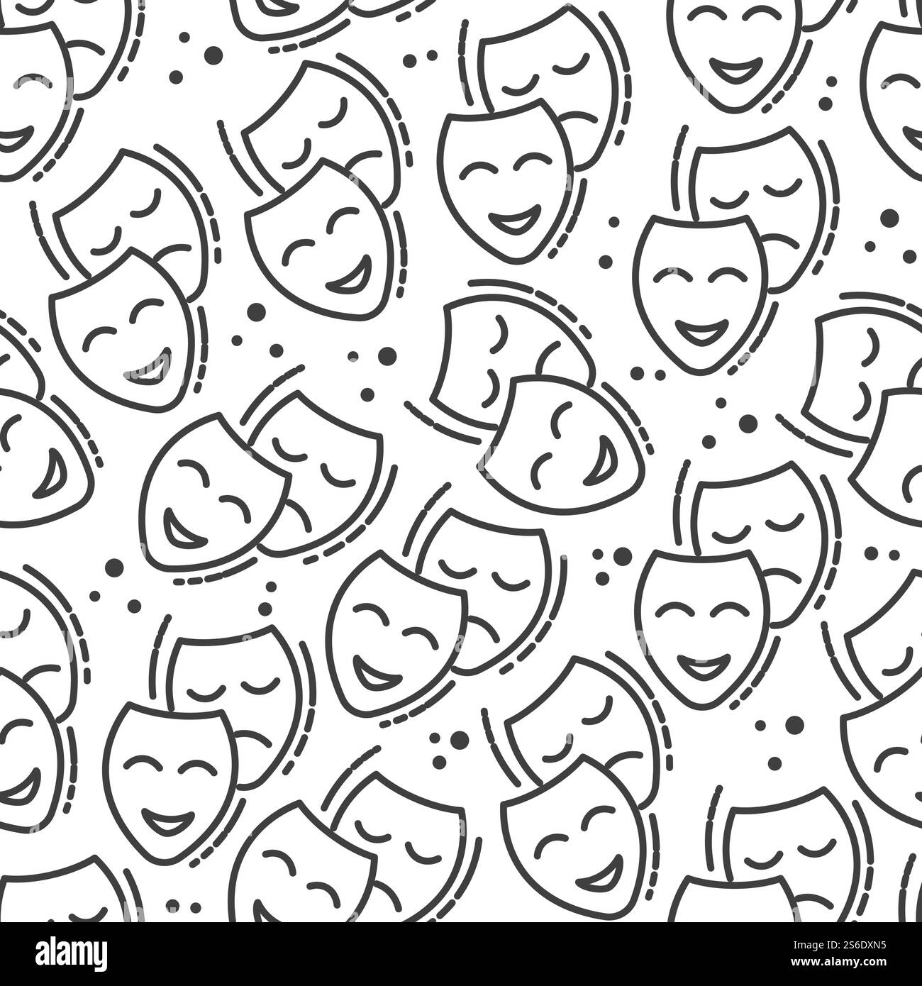 Drame et comédie genres théâtraux Seamless pattern. Visage heureux et triste, masques de ligne incolores. Déguisement de performance de pantomime, partie de costume d'acteur. Symbole du vecteur cinématographique dans le style plat. Visage heureux et triste, drame et comédie modèle sans couture Illustration de Vecteur