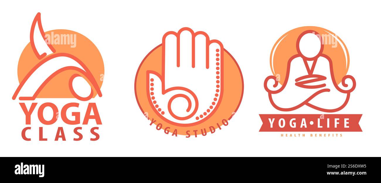 Mode de vie sain et amélioration de la vie avec des cours de yoga. Aller en studio faire des exercices et pratiquer des asanas. Pleine conscience et équilibre dans l'esprit et le corps. Étiquette ou emblème, vecteur dans le style plat. Cours et studio de yoga, étiquettes avec vecteur asanas Illustration de Vecteur