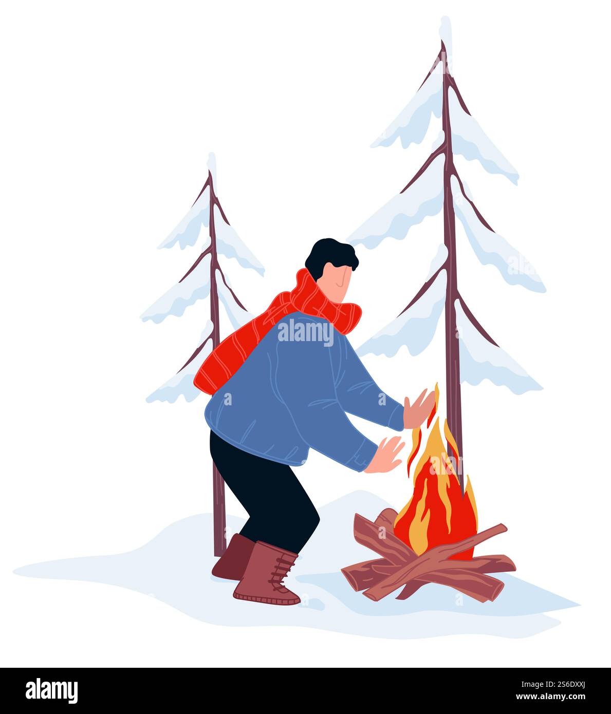 Personnage masculin voyageant et se relaxant à l'extérieur, homme debout par feu de joie chaud. Camping en hiver, passe-temps saisonnier et vacances à l'extérieur. Personnage dans les bois ou la forêt. Vecteur dans le style plat. Camping d'hiver et voyage, vecteur chaud de feu de joie Illustration de Vecteur