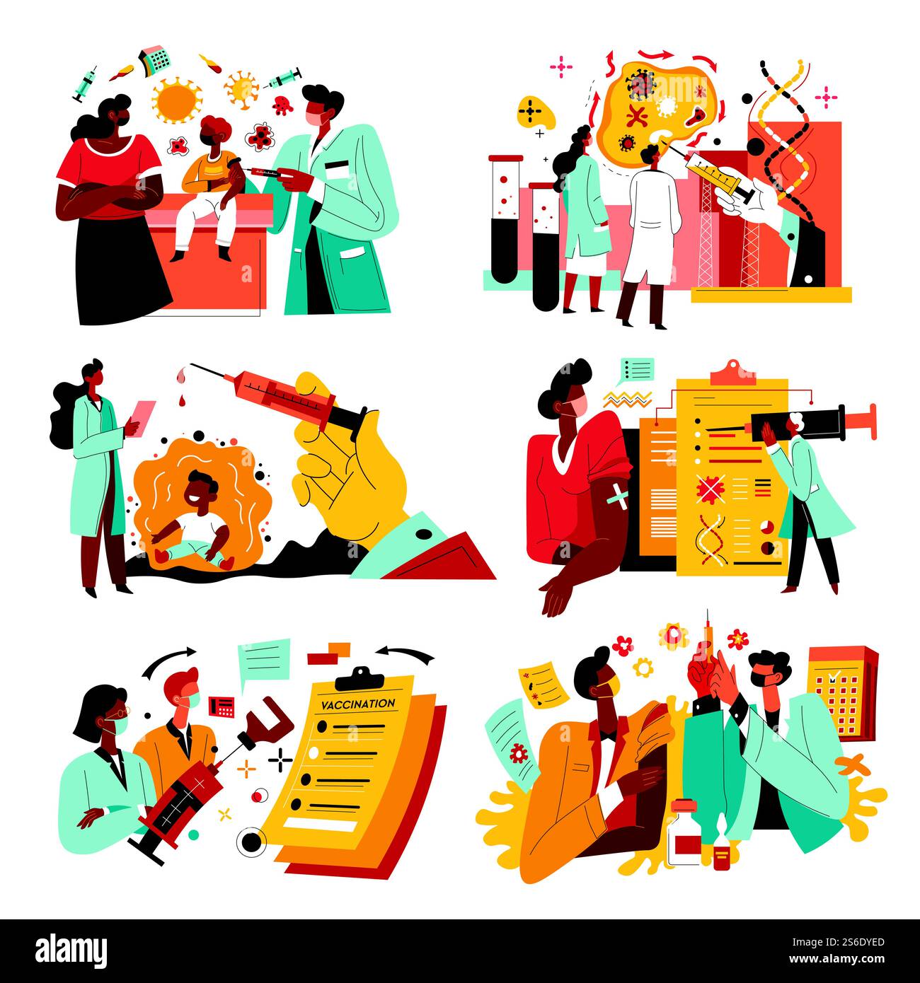 Expérimentation d'un nouveau vaccin contre la maladie à coronavirus. Scientifiques en laboratoire traitant les patients présentant des symptômes de la maladie. La situation épidémique et le travail médical sur la guérison. Vecteur en plat. Essai et expérimentation d'une nouvelle méthode vaccinale Illustration de Vecteur