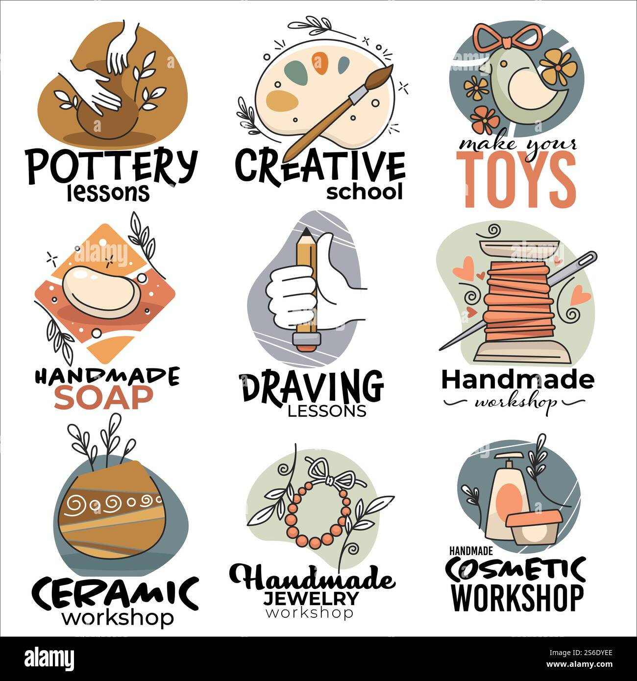 Cours de poterie et atelier d'arts créatifs, savon à la main ou dessin. Fabrication de jouets et de produits céramiques, cosmétiques ou cours de couture pour les créatifs. Étiquettes et emblèmes. Vecteur dans le style plat. Ateliers faits main, étiquette céramique et cosmétique Illustration de Vecteur