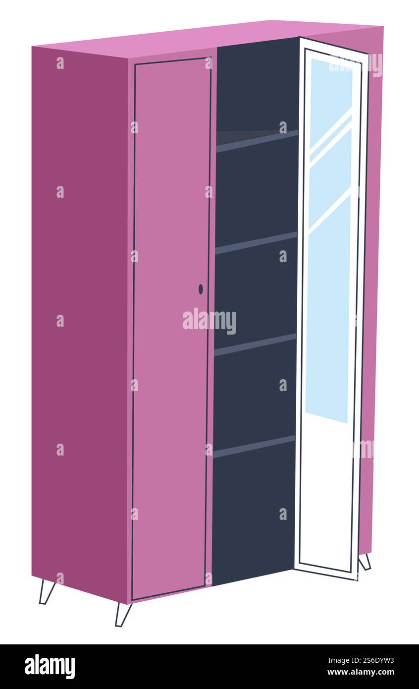 Meuble pour décoration intérieure. Armoire isolée avec étagères et miroir, rangement pour vestiaire. Organisation à l'appartement, rack pour les vêtements. Garderobe rose tendance. Vecteur dans le style plat. Armoire rose avec étagères et miroir, design d'intérieur Illustration de Vecteur