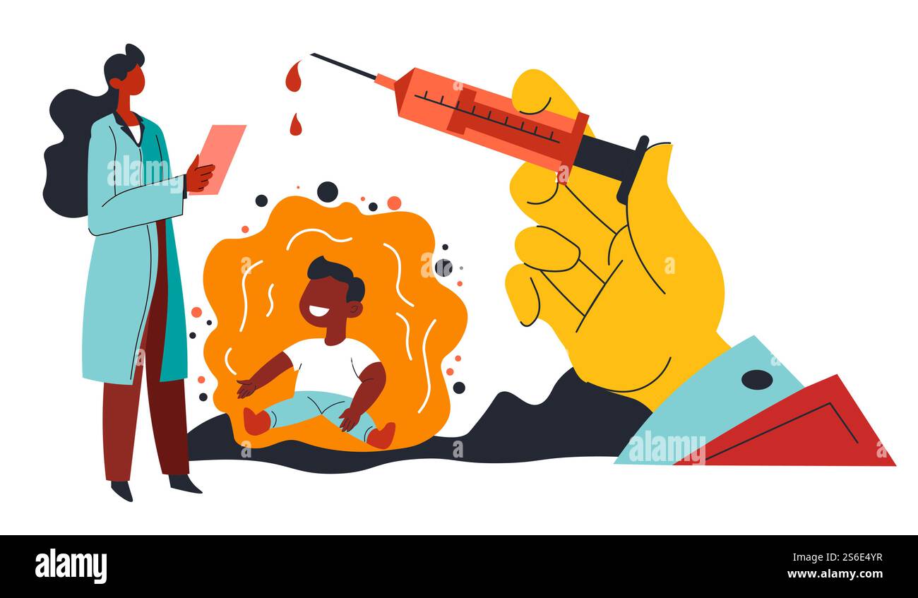 Médecin guérissant l'enfant d'une maladie à l'aide d'un nouveau vaccin. Enfant et tiré avec une substance curative. Doc vérifiant le patient et soignant la santé. Services hospitaliers ou cliniques. Vecteur de laboratoire dans le style plat. Tester le vaccin contre la maladie, docteur avec enfant Illustration de Vecteur