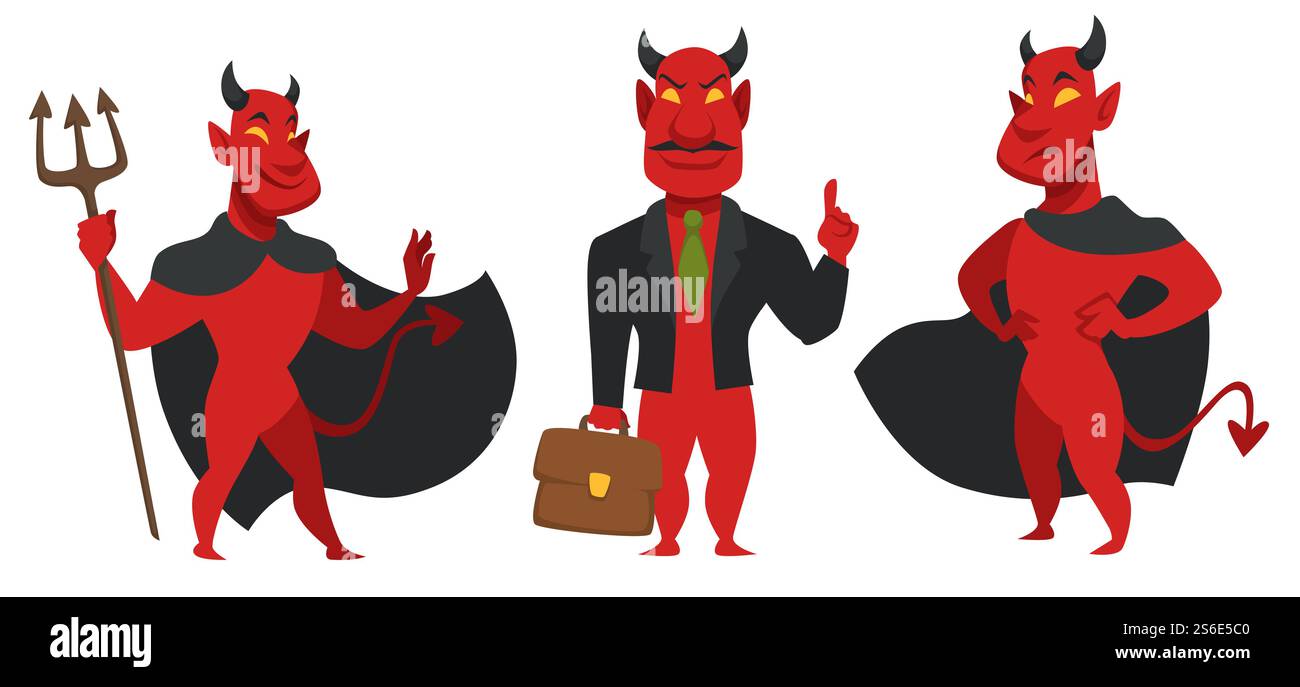 Homme d'affaires maléfique portant un costume et tenant une mallette, traiter avec le diable. Personnage rusé avec expression faciale en colère. Personne de l'enfer, ange déchu avec des cornes et conte. Vecteur dans le style plat. Diable avec cape et pitchfork, homme d'affaires maléfique Illustration de Vecteur