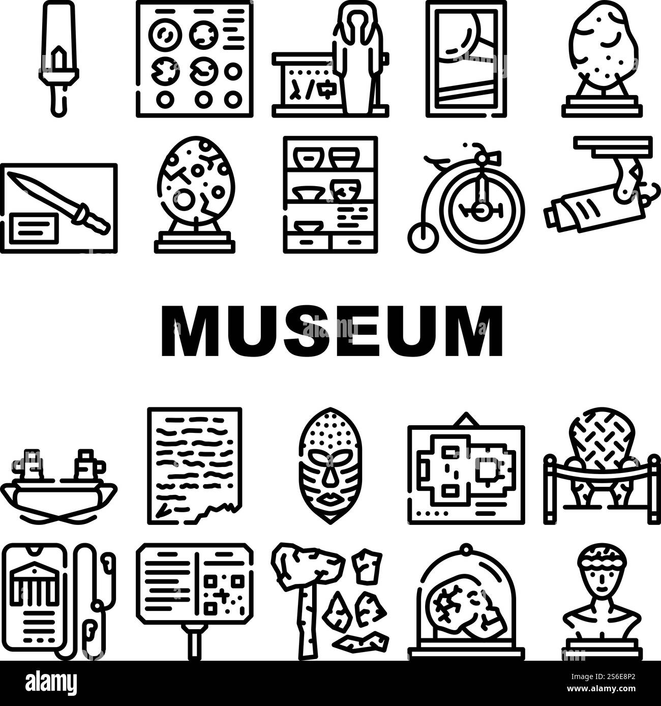 Expositions du musée et excursion icônes Set Vector. Musée CCTV et Audio Guide, pièces et crâne, oeuf de dinosaure et météorite, statues et poteries Black contour illustrations. Expositions du musée et excursion icônes Set Vector Illustration de Vecteur