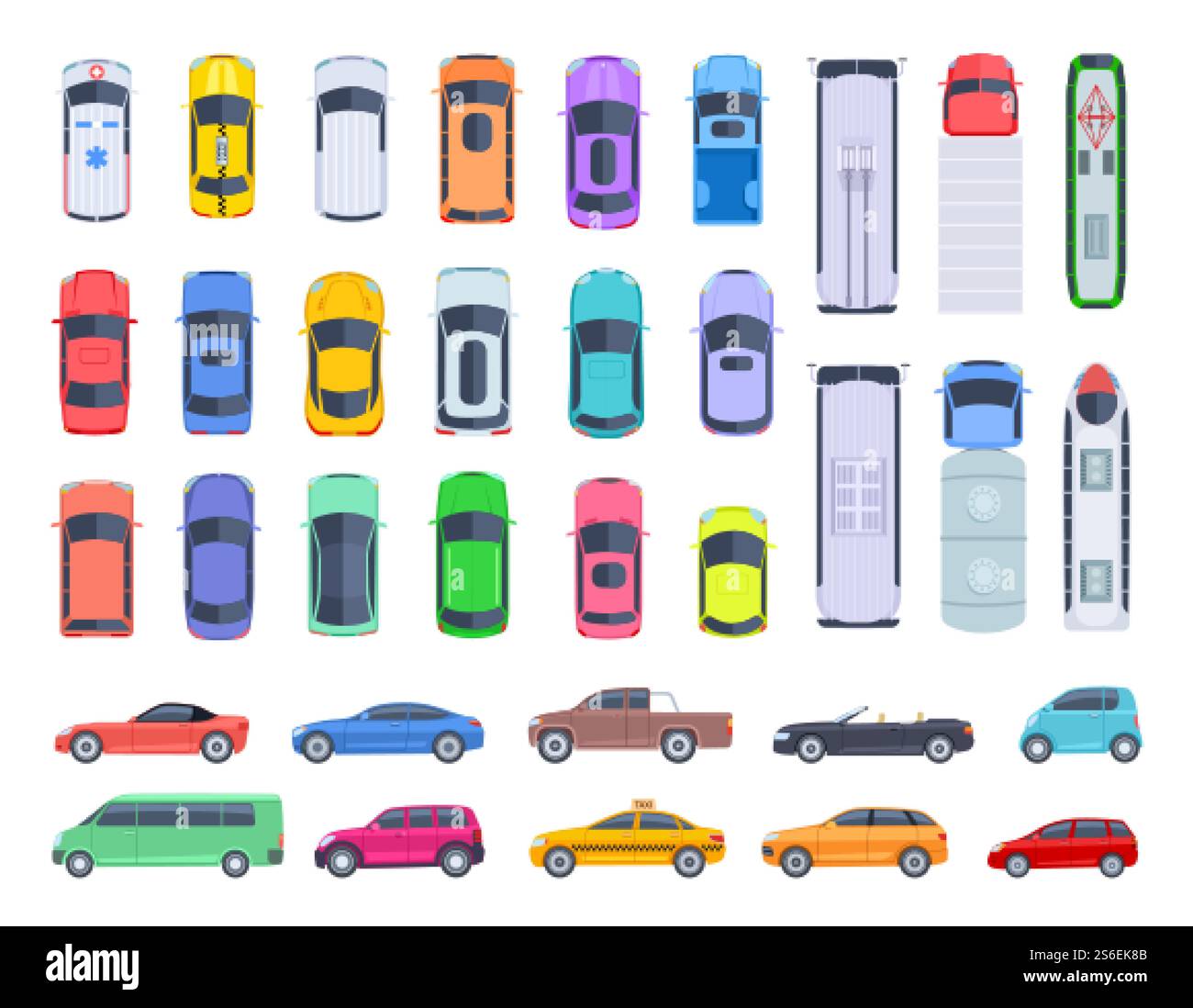 Vue latérale supérieure des voitures. Transport automatique, camion et toit de voiture de transport de véhicule. Ensemble de vecteurs de transport public et privé. Voiture automatique au-dessus de la vue, camion de transport, fourgonnette et illustration de la machine. Vue latérale supérieure des voitures. Transport automatique, camion et toit de voiture de transport de véhicule. Ensemble de vecteurs de transport public et privé Illustration de Vecteur