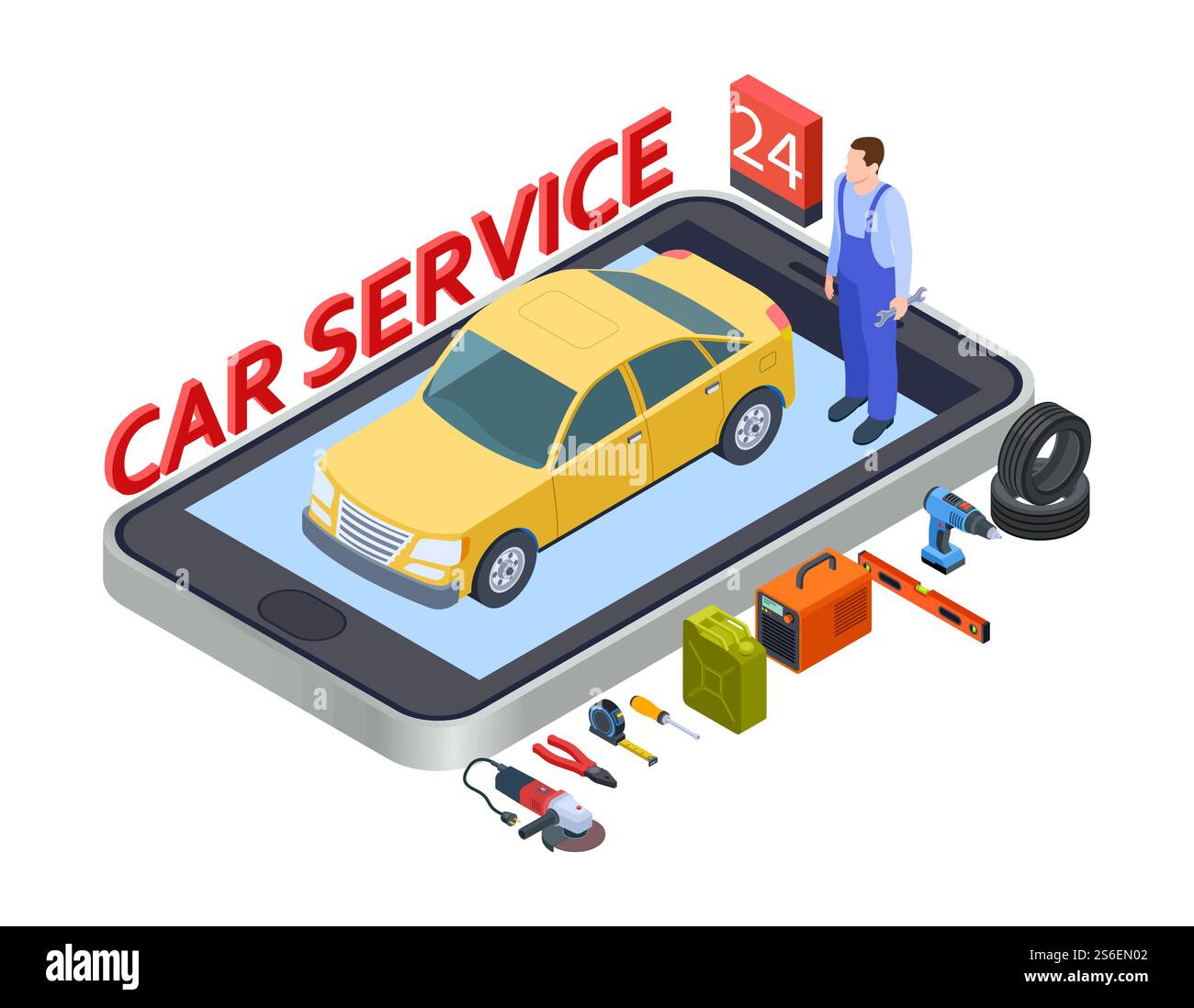 Application mobile services auto. Concept de vecteur de service de voiture isométrique avec auto, équipement de réparation, pneus, technicien. Voiture de service automobile, illustration mécanicien de gars d'emploi. Application mobile services auto. Concept de vecteur de service de voiture isométrique avec auto, équipement de réparation, pneus, technicien Illustration de Vecteur