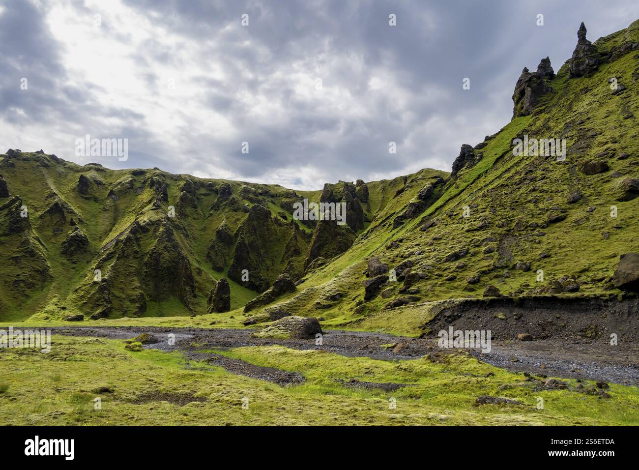 Lit de ruisseau dans une gorge couverte de mousse verte, paysage volcanique enchanté, Pakgil, Islande, Europe Banque D'Images