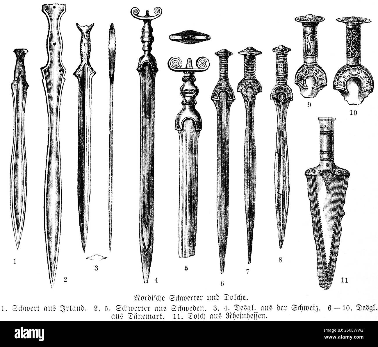 Épées nordiques décorées d'Irlande, Suède, Danemark et Suisse et poignard de la région Rhin-Hesse, Allemagne, histoire de l'humanité, illu historique Banque D'Images