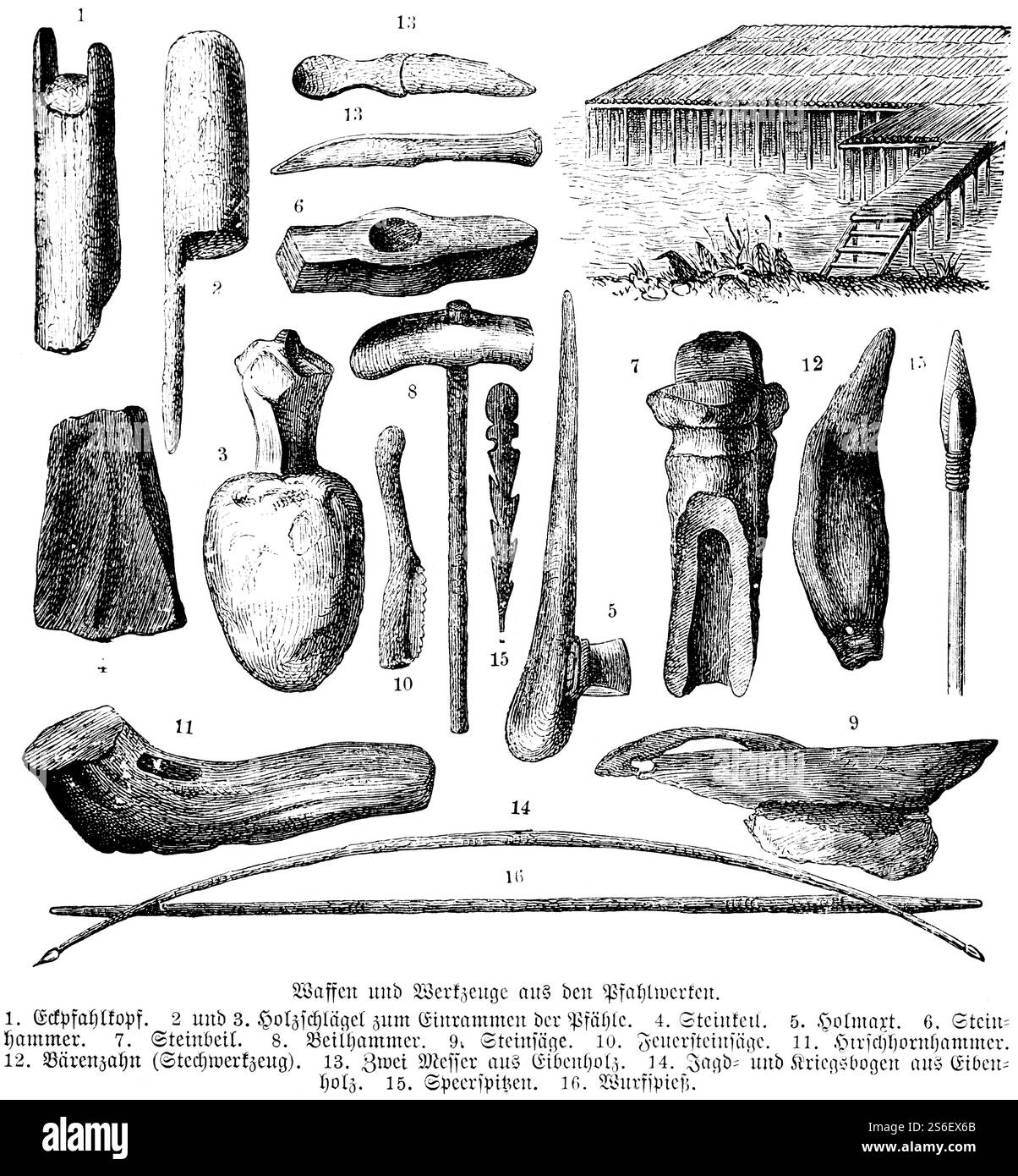 Armes et outils de la culture préhistorique des habitations pieux, échafaudages en bois pour la construction de bâtiments en bois, coin, hache, marteau, scie, couteau Banque D'Images
