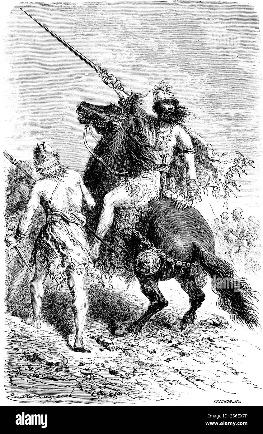 Guerrier celtique avec casque et épée à cheval, cavalier et leader dans une bataille, armes, poignard, lance, groupe ethnique de l'âge de fer en Europe, les gens, hist Banque D'Images