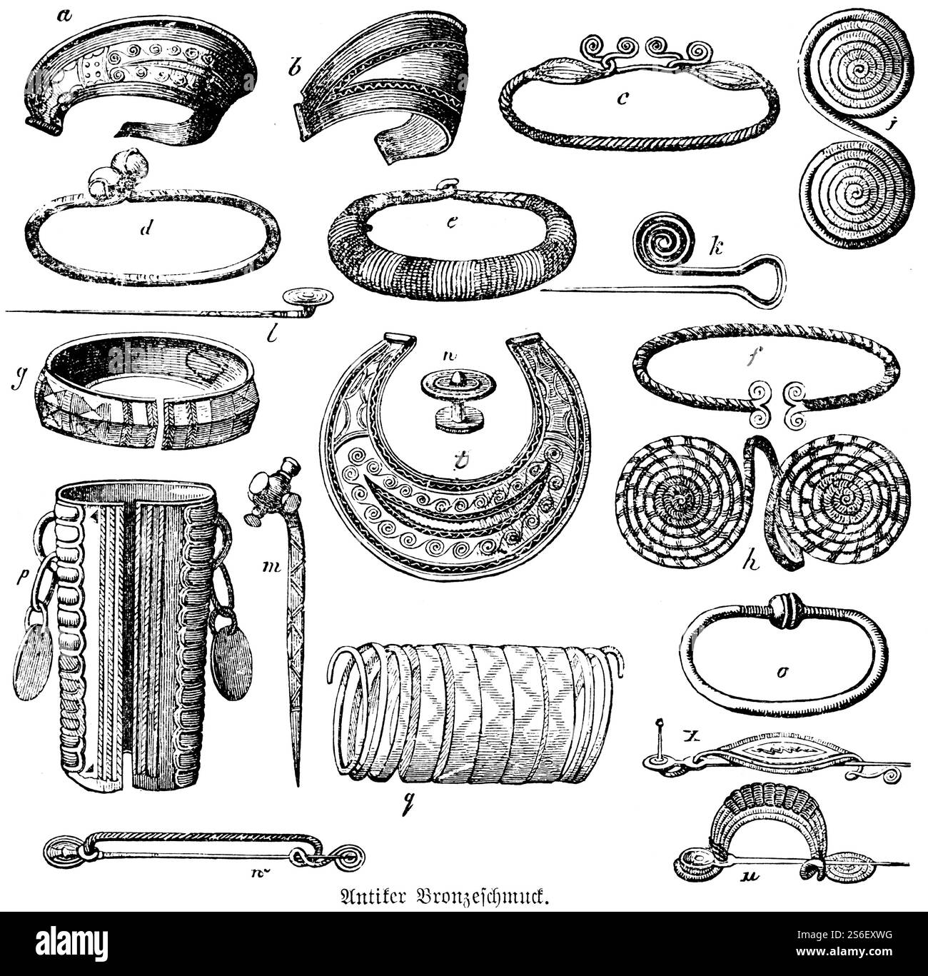 Bijoux anciens en bronze avec ornements riches, tiaras (a, b), bagues pour la tête et le cou (c, d, e), fermoirs pour poignets (f, g), bijoux de bras (h, i, p, q), épingles Banque D'Images Bijoux anciens en bronze avec ornements riches, tiaras (a, b), bagues pour la tête et le cou (c, d, e), fermoirs pour poignets (f, g), bijoux de bras (h, i, p, q), épingles Banque D'Images