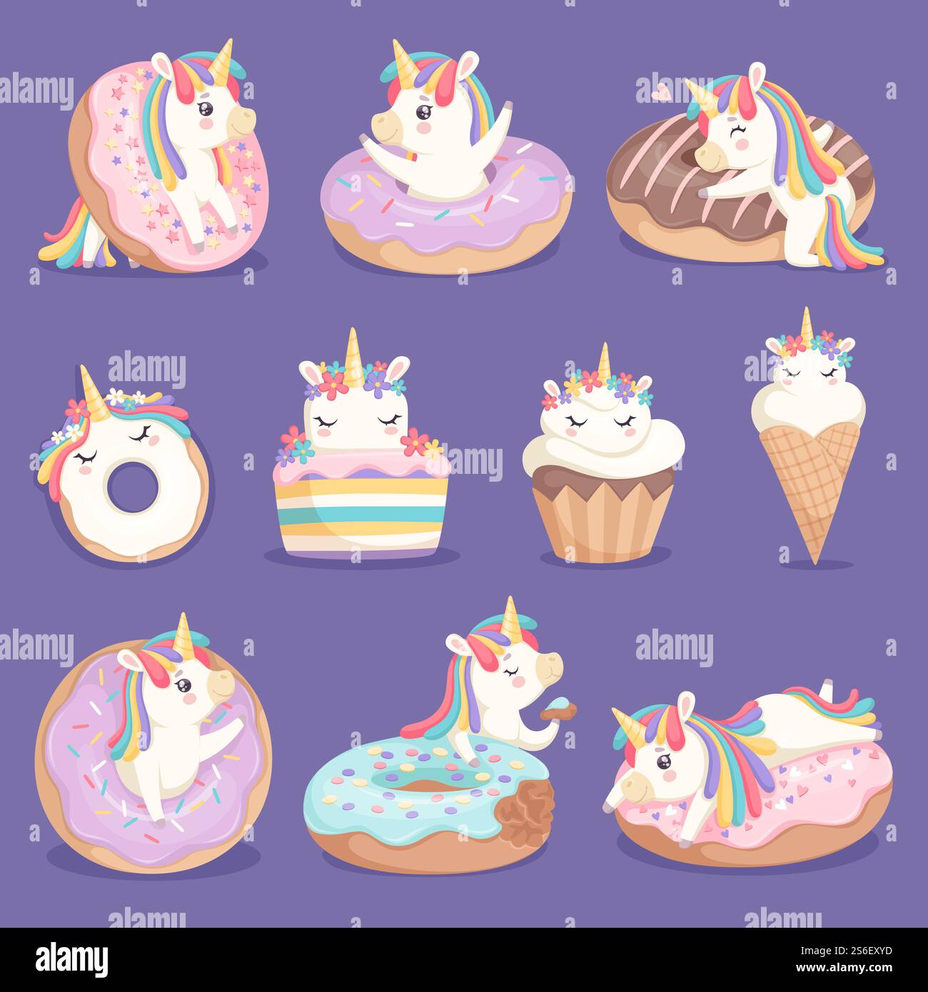 Beignets de licorne. Visage mignon et personnages de la rose magique petite licorne poney avec des gâteaux beignets vecteur crème glacée images dessert. Licorne à la crème sucrée, petit gâteau et illustration de poney imaginative. Beignets de licorne. Visage mignon et personnages de la rose magique petite licorne poney avec des gâteaux beignets vecteur crème glacée images dessert Illustration de Vecteur