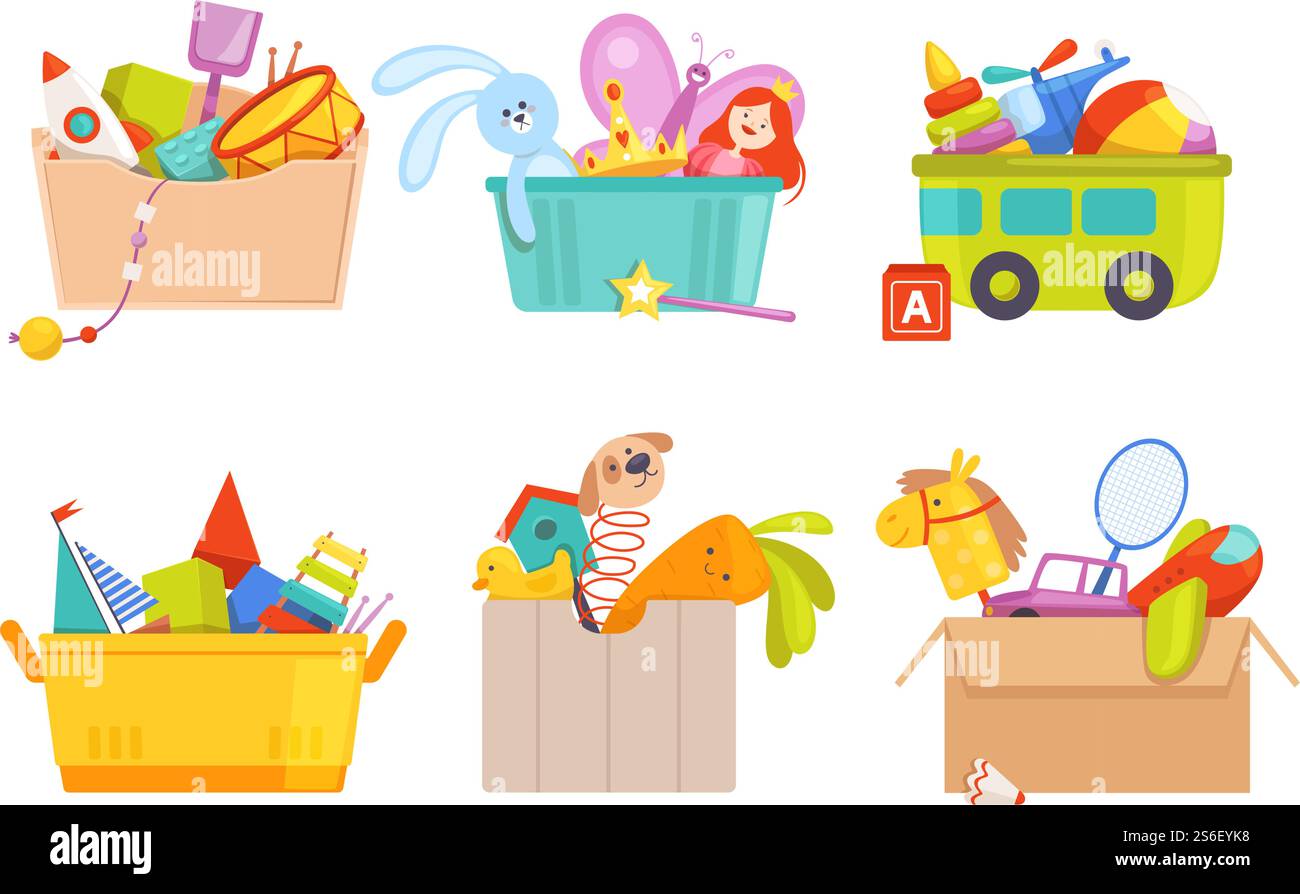 Boîte à jouets. Les voitures jouets pour enfants fusent des cadeaux d'ours de football pour la collection de paquets vectoriels pour enfants. Boîte à jouet avec hochet et machine, avion et illustration en peluche. Boîte à jouets. Les voitures jouets pour enfants fusent des cadeaux d'ours de football pour la collection de paquets vectoriels pour enfants Illustration de Vecteur