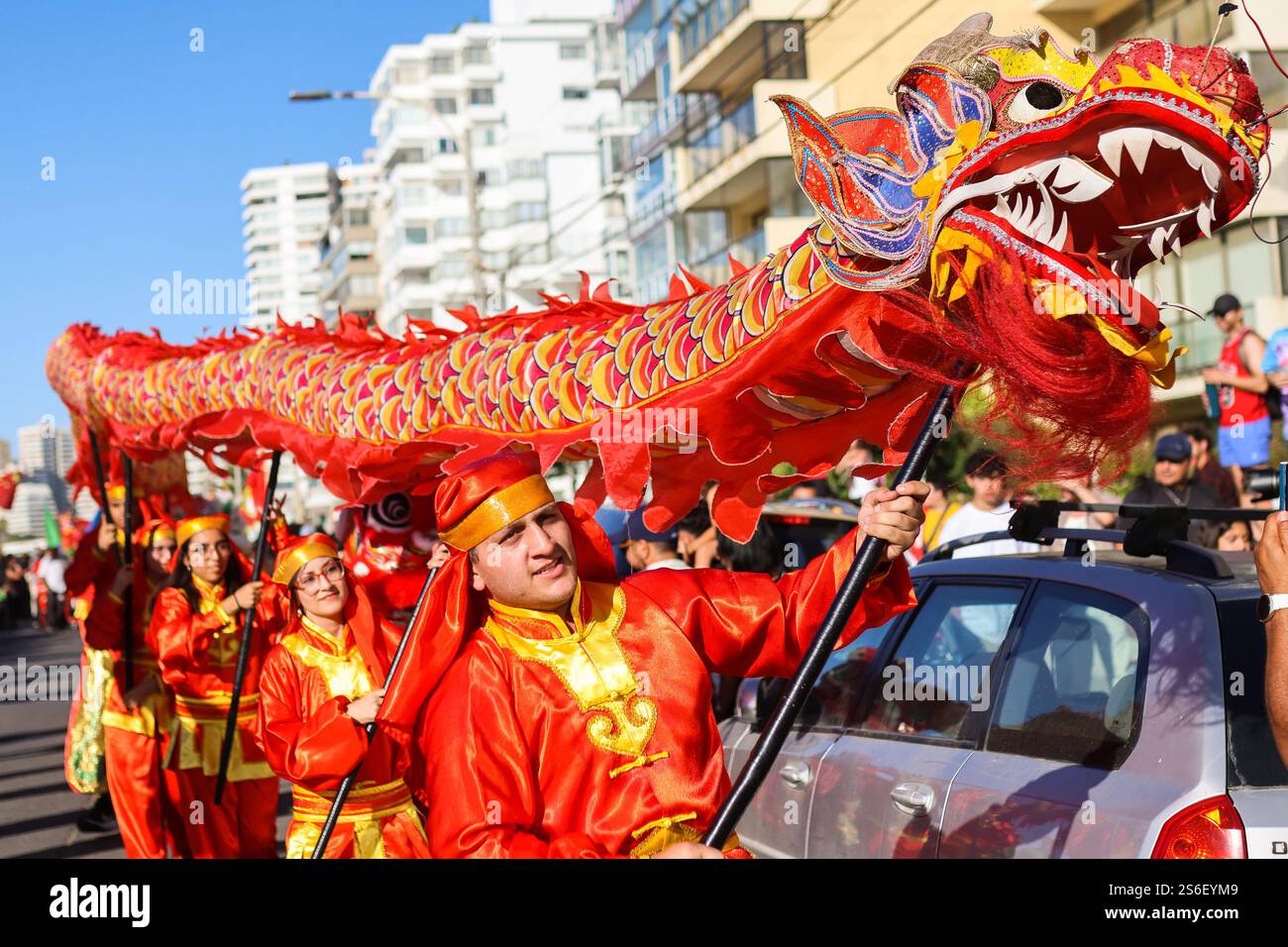 Les gens jouent un spectacle avec un dragon pendant la célébration du nouvel an chinois 2025. Célébration du nouvel an chinois 2025 à Vina del Mar Chili, a lieu le long de la côte avec des milliers de spectateurs. Crédit : SOPA images Limited/Alamy Live News Banque D'Images