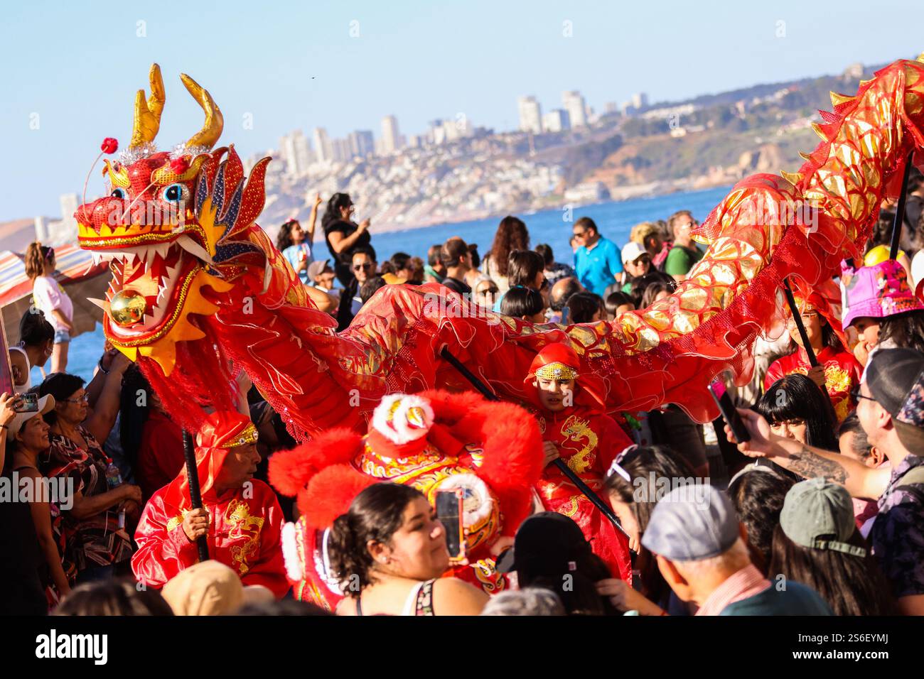 Les gens jouent un spectacle avec un dragon pendant la célébration du nouvel an chinois 2025. Célébration du nouvel an chinois 2025 à Vina del Mar Chili, a lieu le long de la côte avec des milliers de spectateurs. Crédit : SOPA images Limited/Alamy Live News Banque D'Images