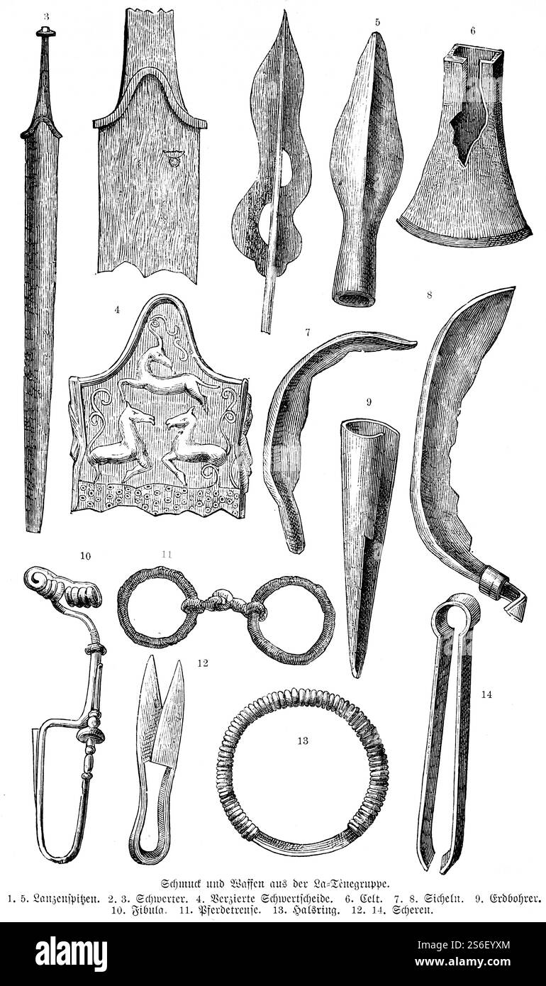 Bijoux et armes de l'âge du fer du site de la Tene, Epagnier, lac de Neuchâtel, fer de lance, épée, faucille, tarière, harnais de cheval, bague de cou, ciseaux Banque D'Images