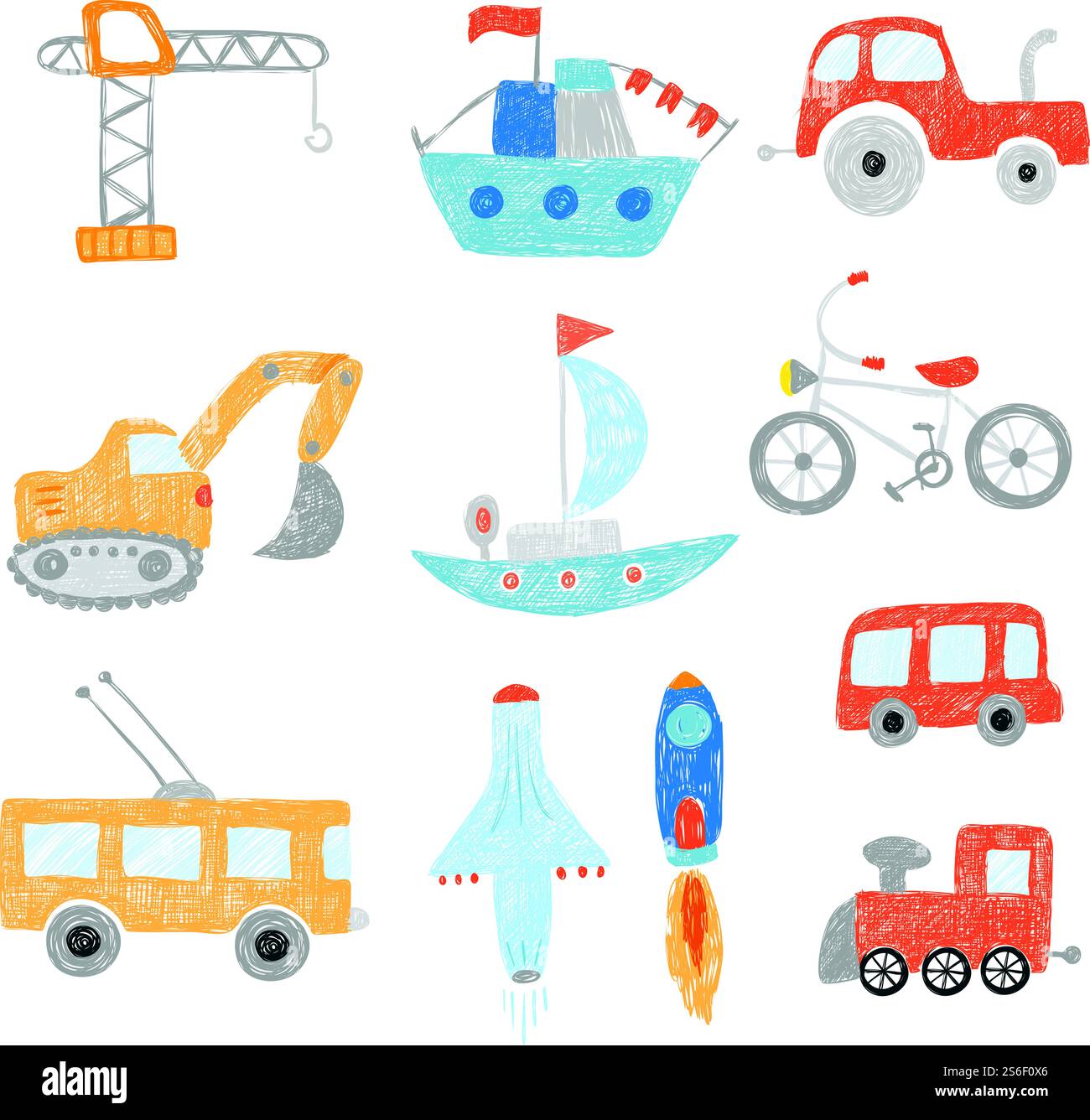 Dessin d'enfants. Enfants peignant des voitures de transport tracteurs navire jouets d'avion doodle vecteur collection dessinée à la main. Bus Doodle enfant et automobile, illustration colorée d'excavatrice d'image. Dessin d'enfants. Enfants peignant des voitures de transport tracteurs navire jouets d'avion doodle vecteur collection dessinée à la main Illustration de Vecteur