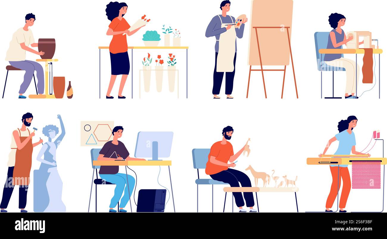 Passe-temps artisanal. Artistes créatifs, personnes isolées et processus artisanal. Adultes plats, floraison et couture, dessin et ensemble vectoriel de conception. Artisanat d'artiste, femme et homme illustration faite à la main. Passe-temps artisanal. Artistes créatifs, personnes isolées et processus artisanal. Adultes plats, floraison et couture, dessin et ensemble vectoriel de conception Illustration de Vecteur
