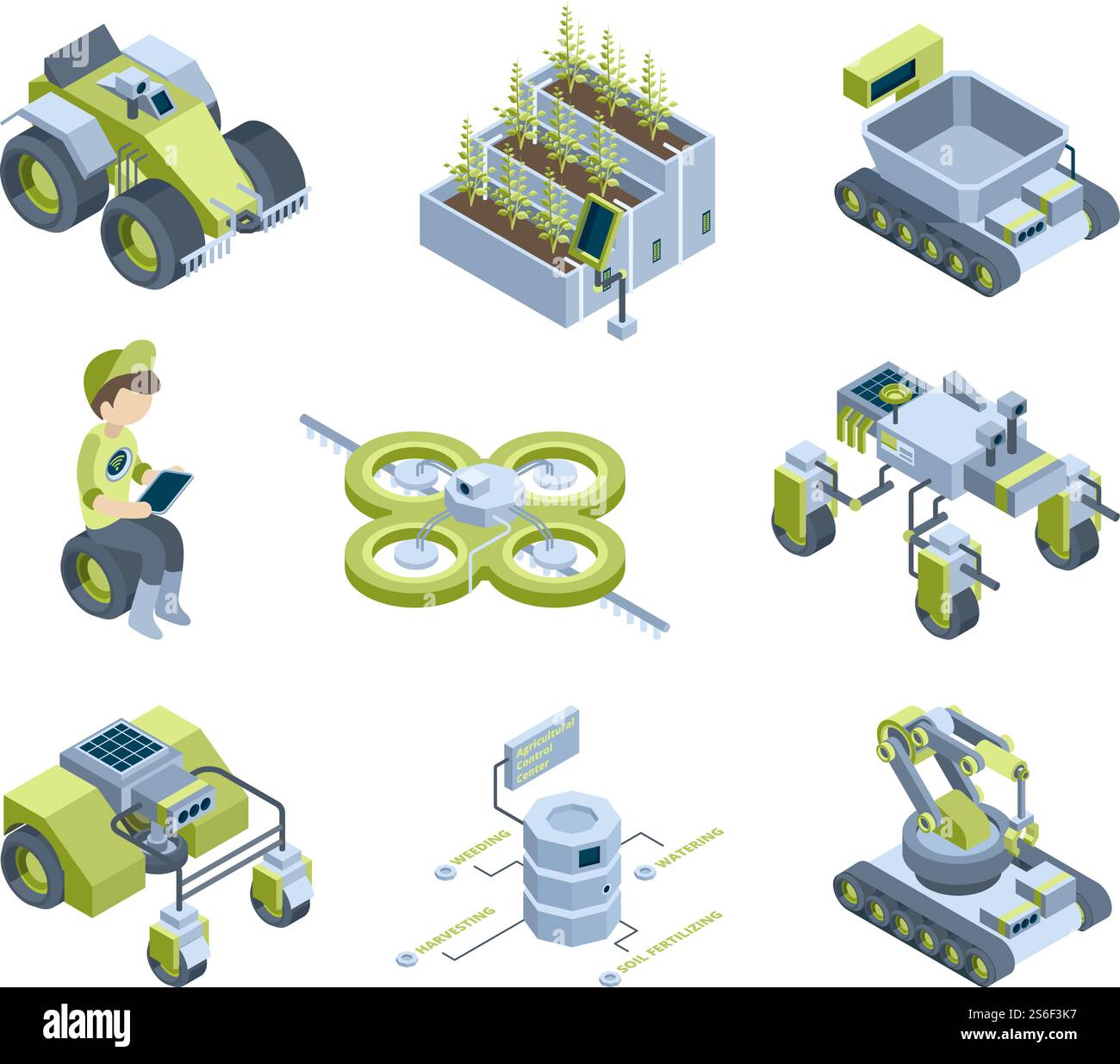 Agriculture intelligente. Futures machines agricoles industrielles tracteurs de récolteuse innovants robots de serre organiques travaillent panneaux d'éclairage vecteur isométrique. Illustration robot transport moissonneuse-batteuse. Agriculture intelligente. Futures machines agricoles industrielles tracteurs de récolteuse innovants robots de serre organiques travaillent panneaux d'éclairage vecteur isométrique Illustration de Vecteur
