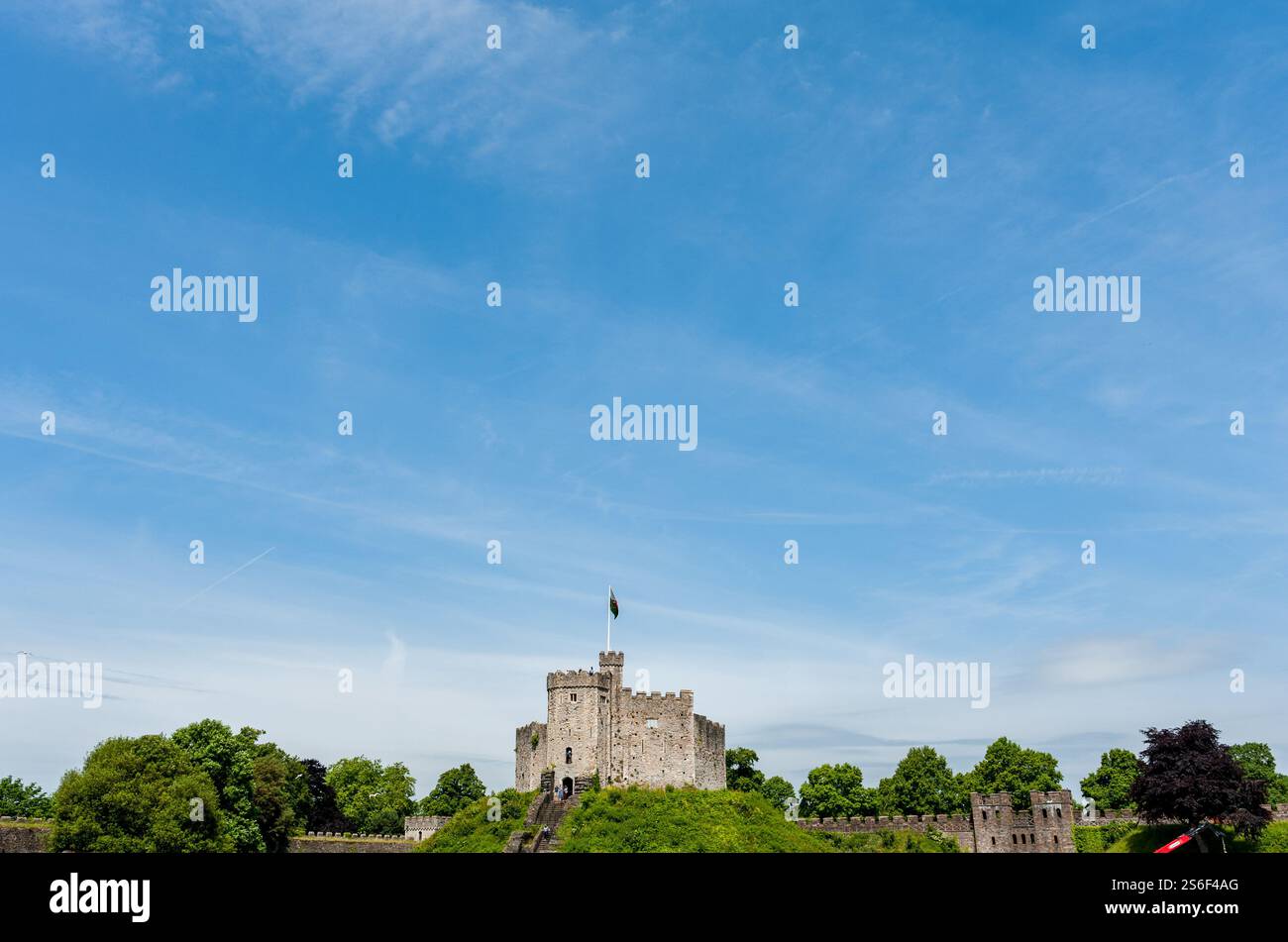 Cardiff, pays de Galles / Royaume-Uni - 14 juin 2017 : vue du château de Cardiff sous un ciel bleu clair Banque D'Images