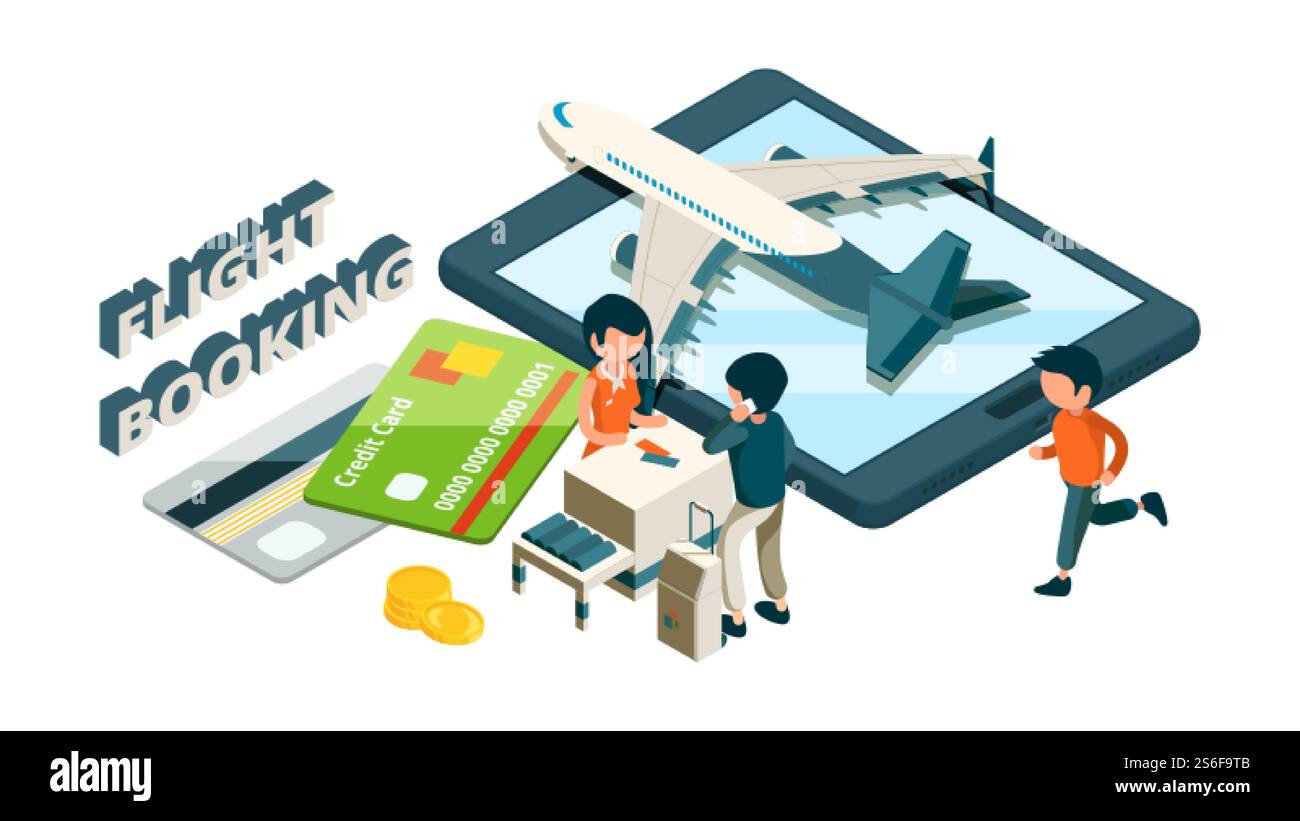 Réservation de vol. Achat de billets en ligne concept isométrique. Vector 3d réception passagers avion cartes de crédit. Illustration vérifier l'avion pour réserver le vol. Réservation de vol. Achat de billets en ligne concept isométrique. Vector 3d réception passagers avion cartes de crédit Illustration de Vecteur