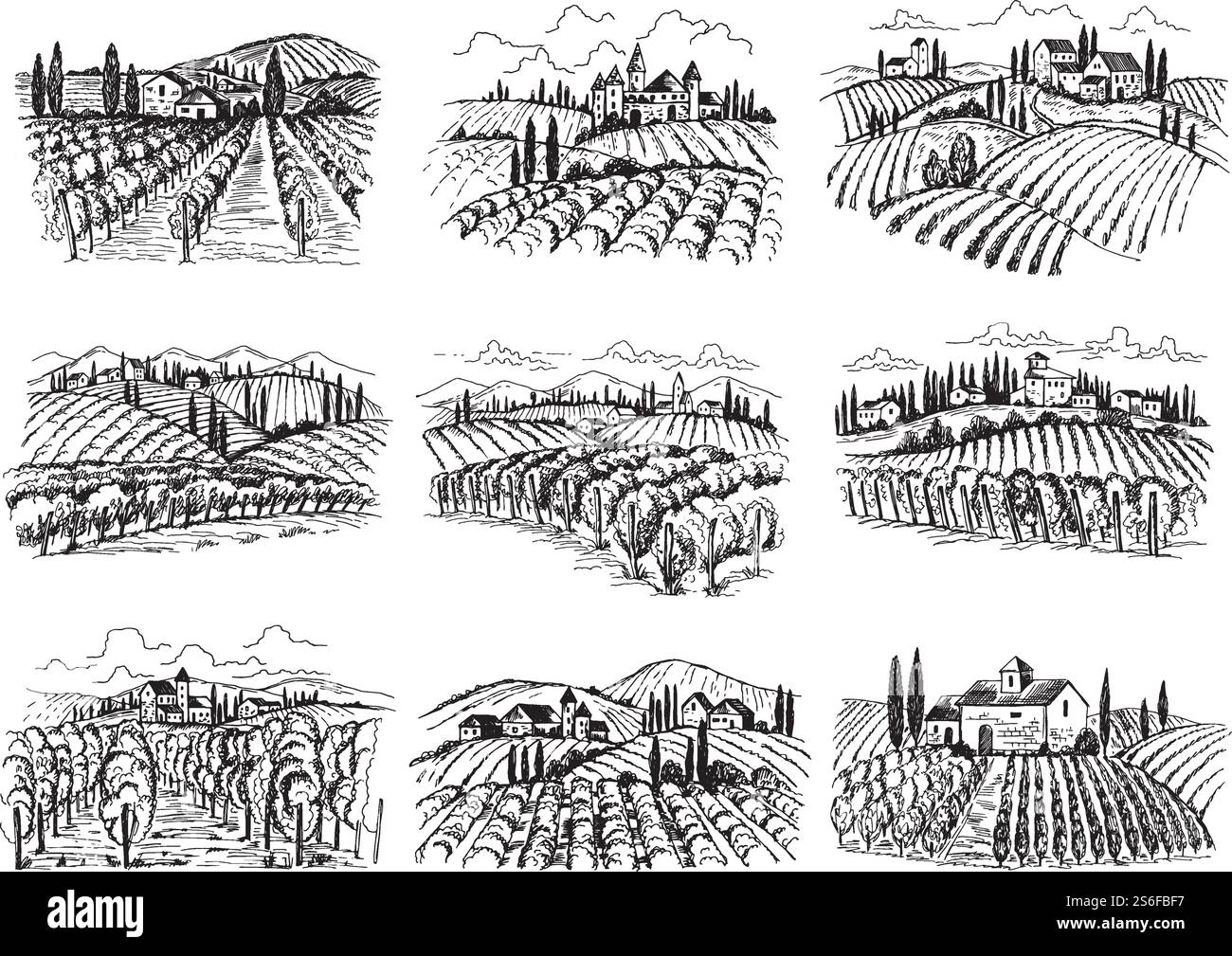 Paysage viticole. Champs de raisins de ferme avec des maisons agricoles dessinées à la main illustrations vectorielles. Ferme viticole, agriculture paysagère. Paysage viticole. Champs de raisins de ferme avec des maisons agricoles dessinées à la main illustrations vectorielles Illustration de Vecteur