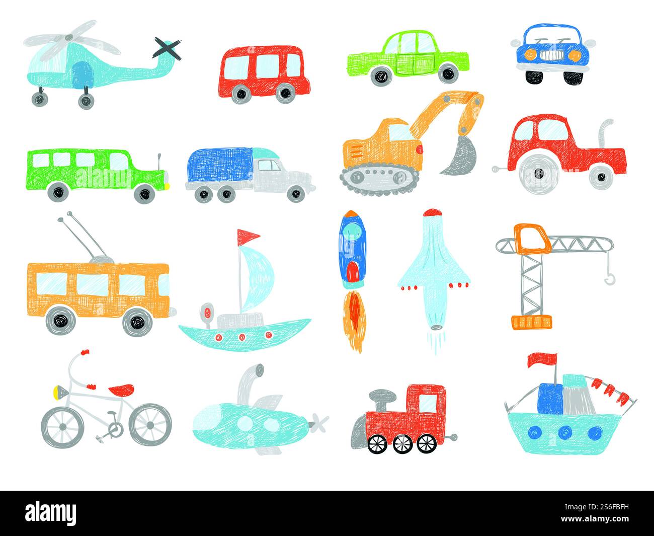 Transport gribouilles. Techniques de dessin pour enfants voitures de tracteur avion et navire images vectorielles isolées. Illustration jouets de transport croquis, excavatrice et hélicoptère. Transport gribouilles. Techniques de dessin pour enfants voitures de tracteur avion et navire images vectorielles isolées Illustration de Vecteur