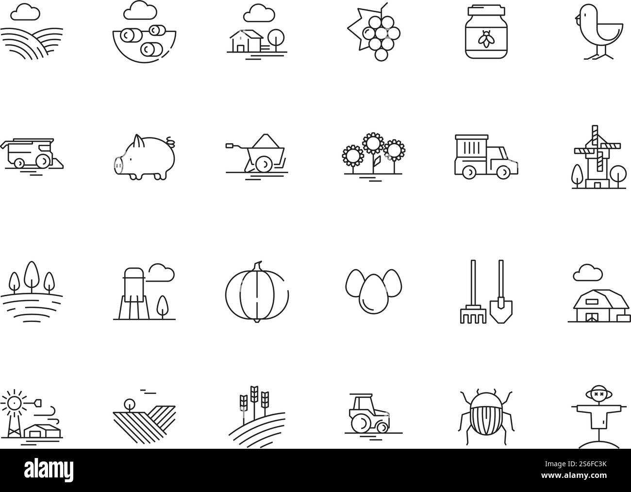 Symboles de ferme. Paysages de champs ruraux objets agricoles moulin tracteur arbres de blé graphiques vectoriels. Illustration champ rural, icônes d'agriculture, ligne. Symboles de ferme. Paysages de champs ruraux objets agricoles moulin tracteur arbres de blé graphiques vectoriels Illustration de Vecteur