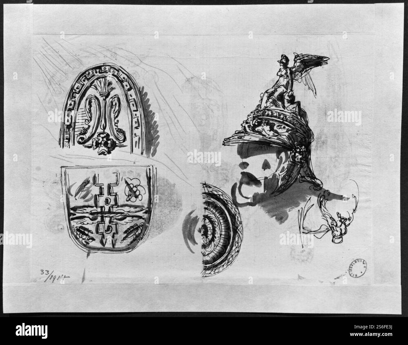 Giuseppe Cades - feuille d'un carnet de croquis, boucliers, casque Banque D'Images