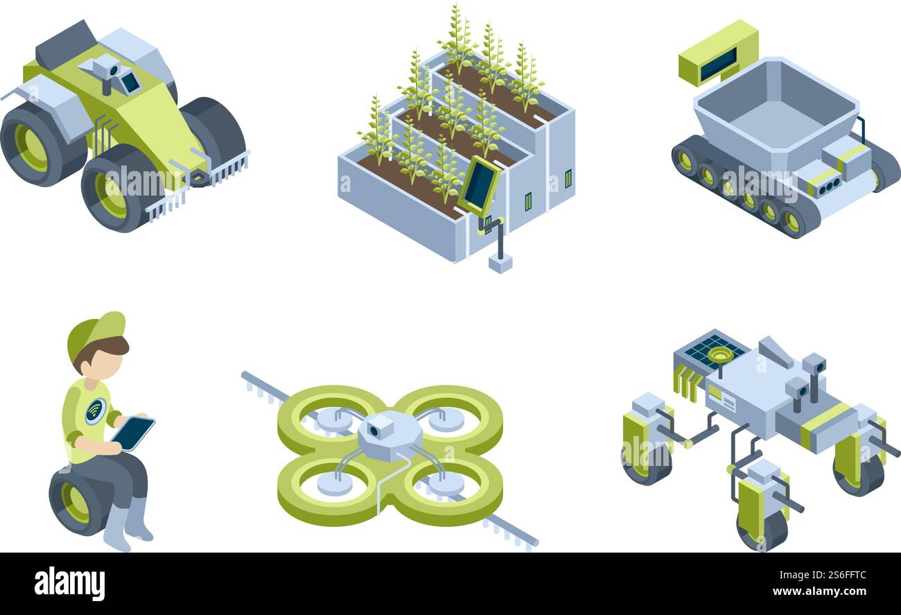 Ferme intelligente. Processus automatiques agricoles robots industriels tracteurs intelligents moissonneuses éco serre vecteur isométrique ensemble. Robot agricole intelligent, système automatique pour l'illustration de jardin. Ferme intelligente. Processus automatiques agricoles robots industriels tracteurs intelligents moissonneuses éco serre vecteur isométrique ensemble Illustration de Vecteur