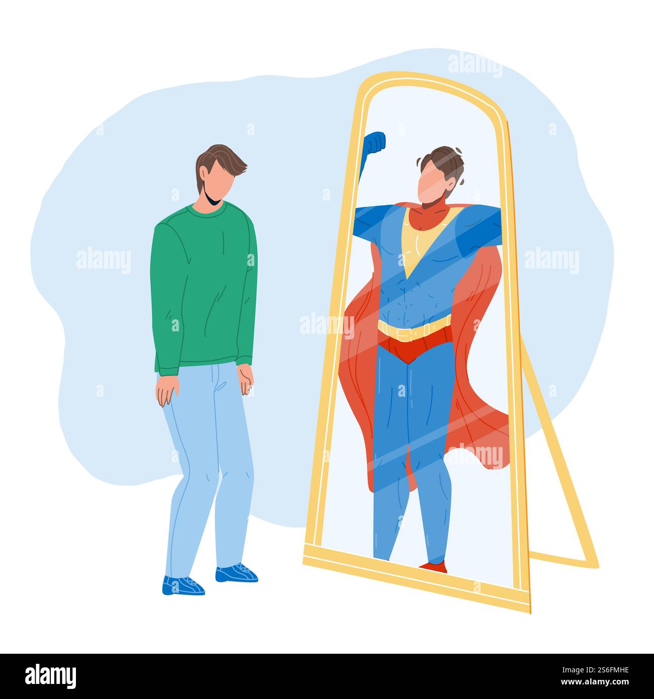 Homme se voyant dans Mirror comme Super Hero Vector. Homme timide regardant Mirror Reflection et voir super-héros. Personnage jeune homme d'affaires professionnel réalisation Flat Cartoon illustration. Homme se voyant dans Mirror comme Super Hero Vector Illustration de Vecteur