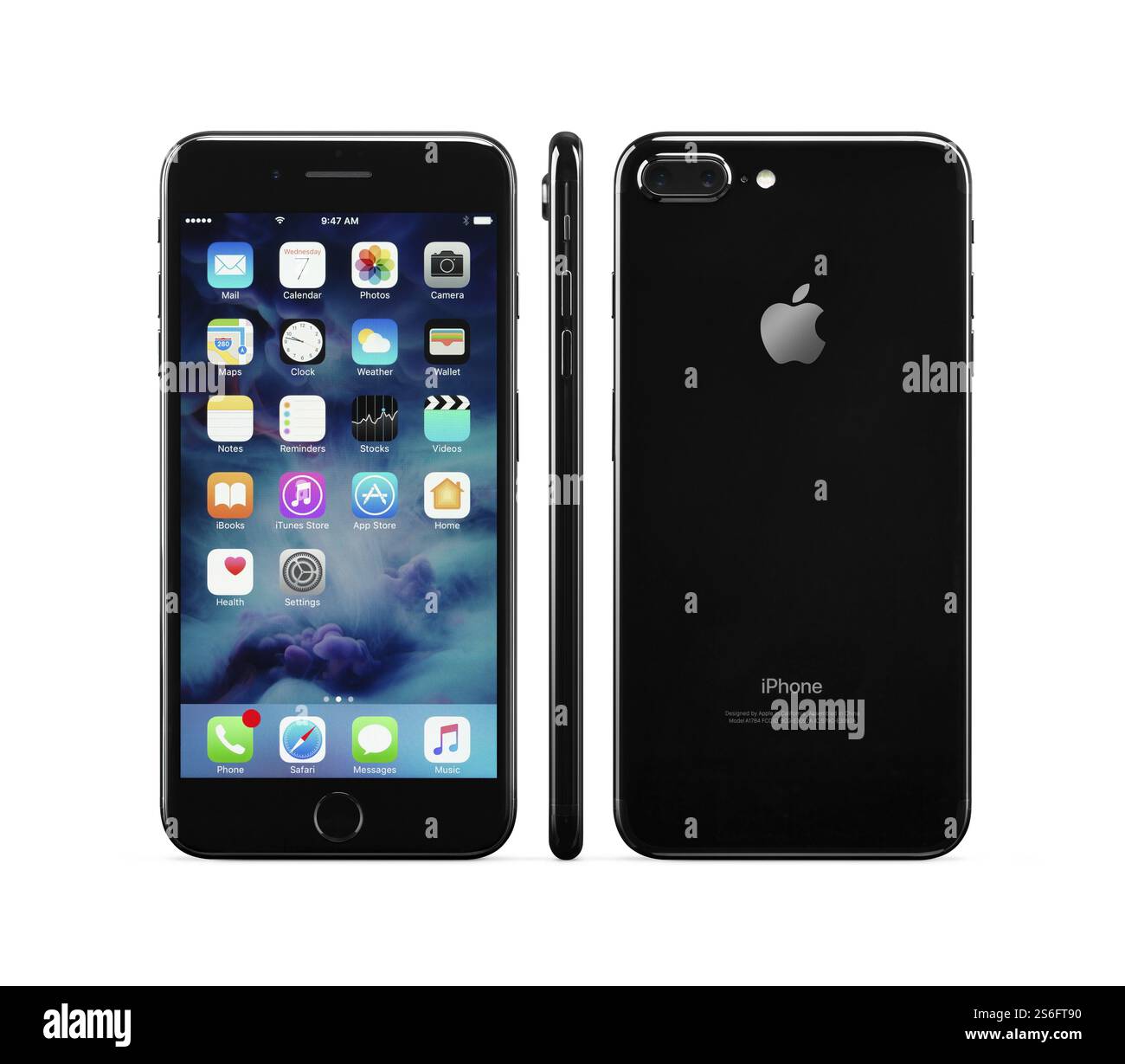 Apple iPhone 7 noir plus avant, côté et arrière vues isolé sur fond blanc avec clipping path Banque D'Images